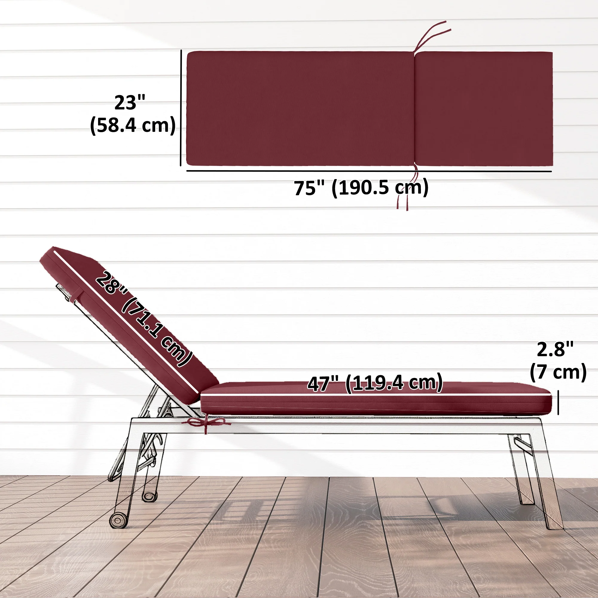 2pc Patio Chair Cushion Set with Ties for Indoor or Outdoor, Wine Red - Image 5