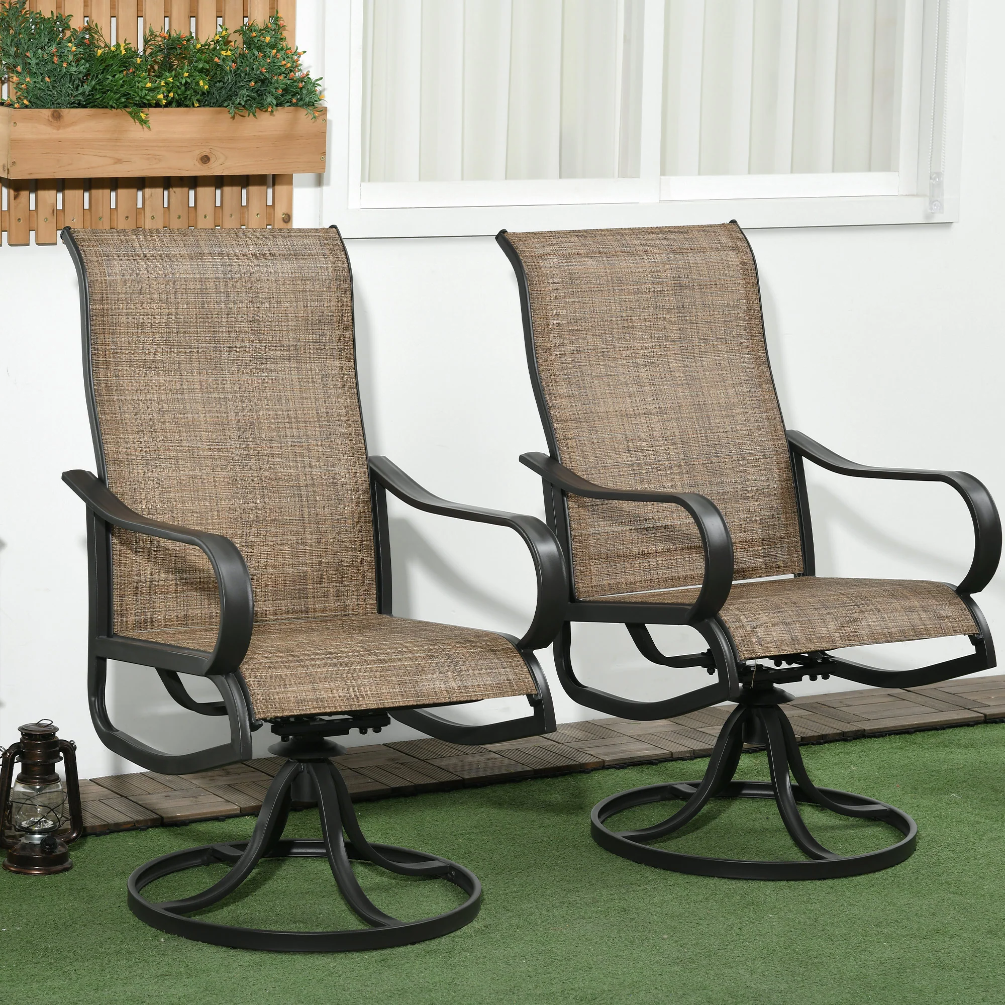 2-Piece Patio Dining Chairs, 360° Swivel Rocking Chairs with Curved Armrests, Brown - Image 3
