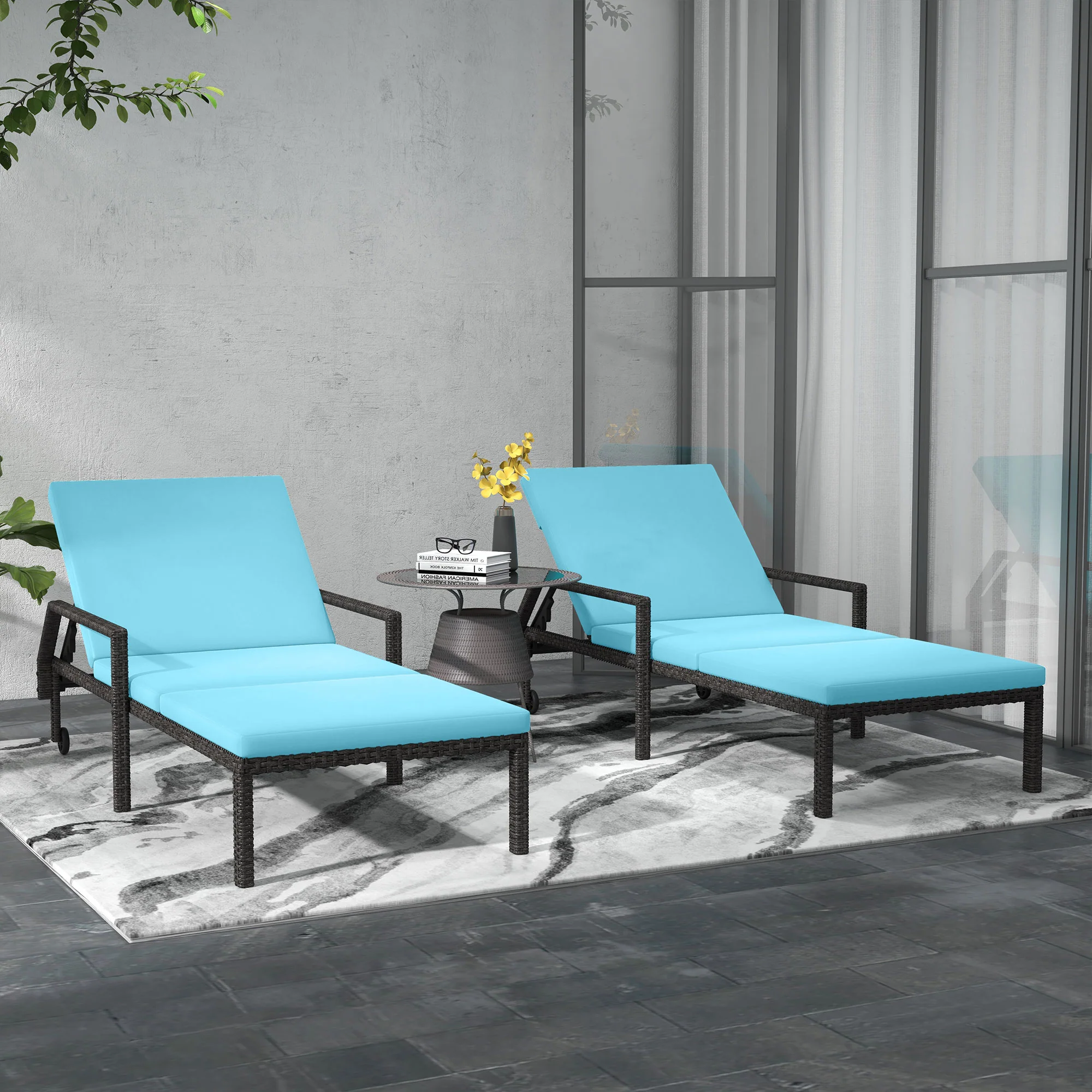 2Pc Wicker Chaise Lounger, PE Rattan Recliner w/ Adjustable Backrest & 2 Wheels, Sky Blue - Image 3