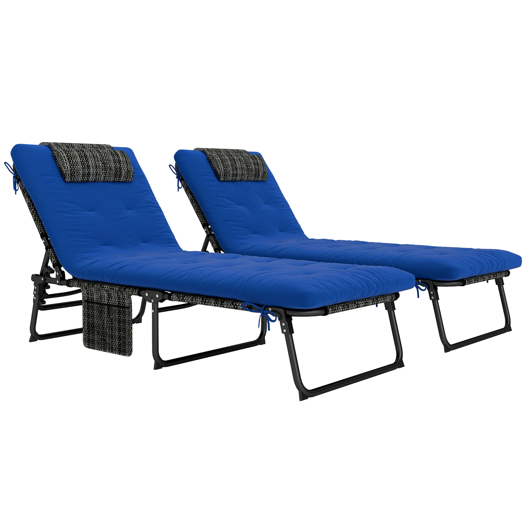 2-Piece Folding Lounge Chairs w/ Adjustable Backrest, Side Pocket & Headrest, Blue