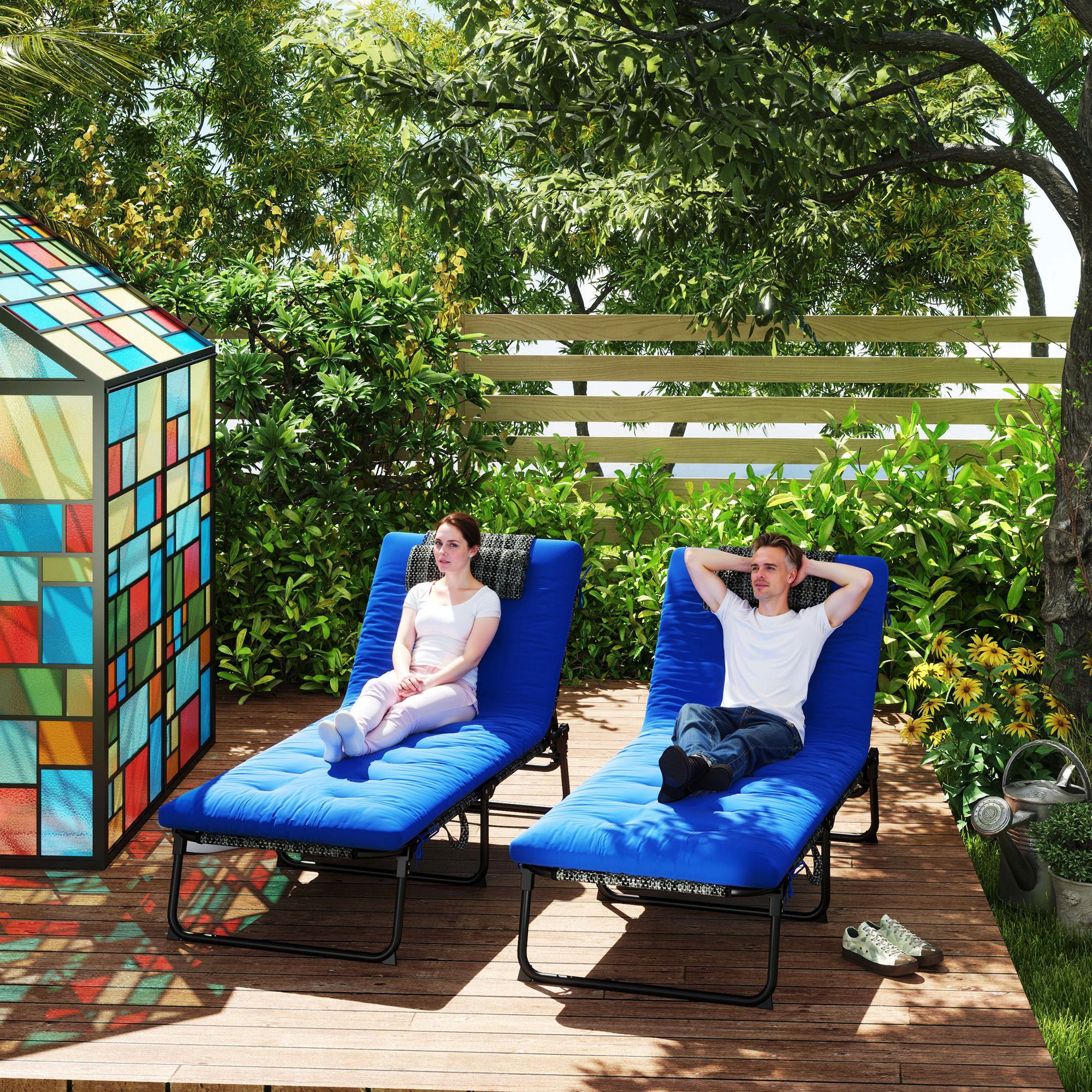 2-Piece Folding Lounge Chairs w/ Adjustable Backrest, Side Pocket & Headrest, Blue - Image 11