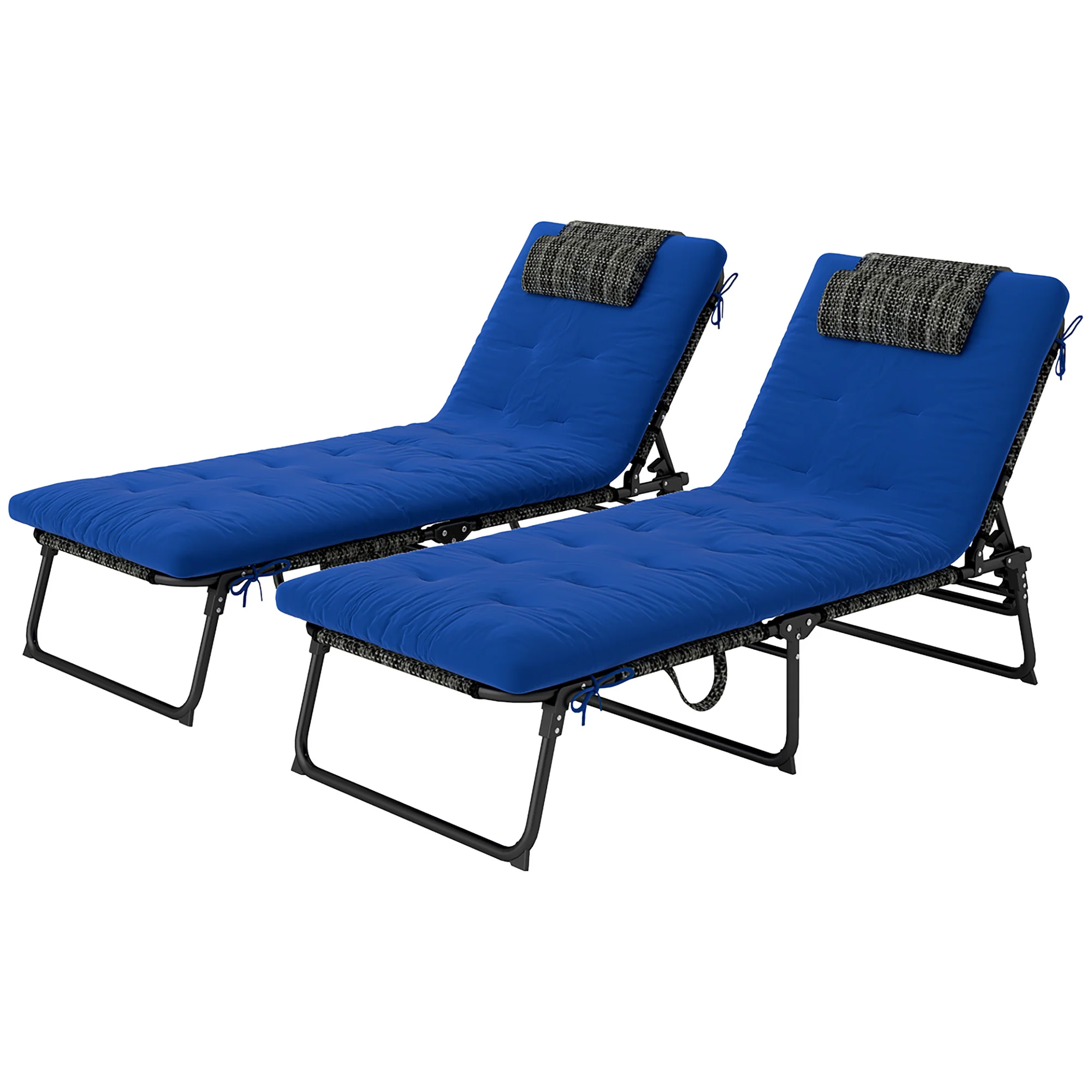 2-Piece Folding Lounge Chairs w/ Adjustable Backrest, Side Pocket & Headrest, Blue - Image 2