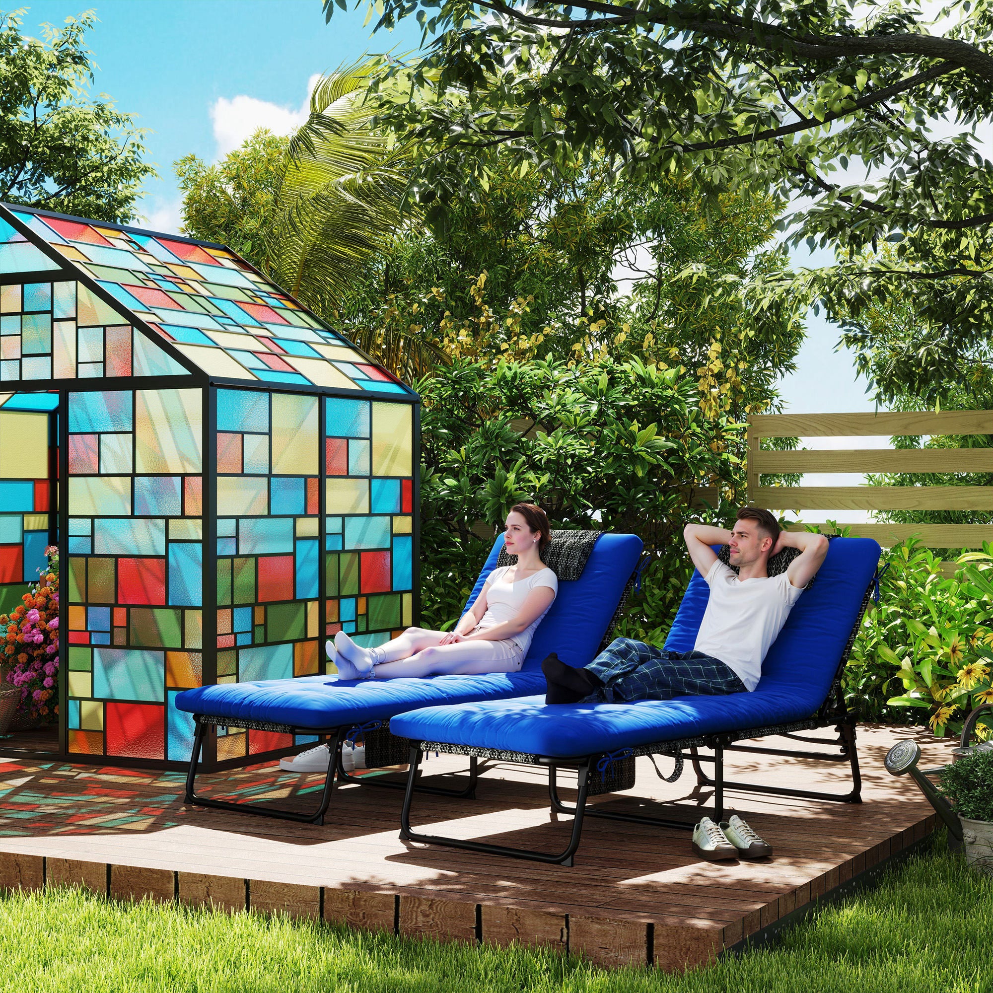 2-Piece Folding Lounge Chairs w/ Adjustable Backrest, Side Pocket & Headrest, Blue - Image 3