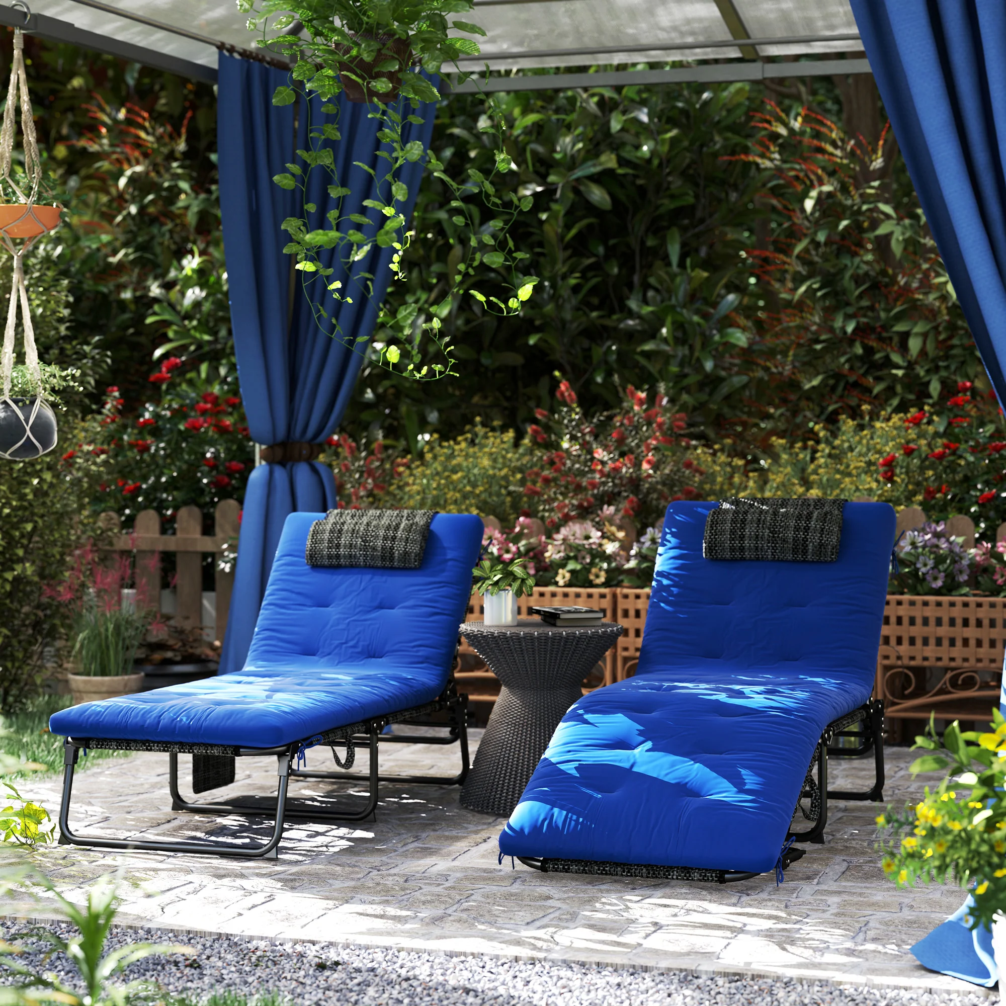 2-Piece Folding Lounge Chairs w/ Adjustable Backrest, Side Pocket & Headrest, Blue - Image 4