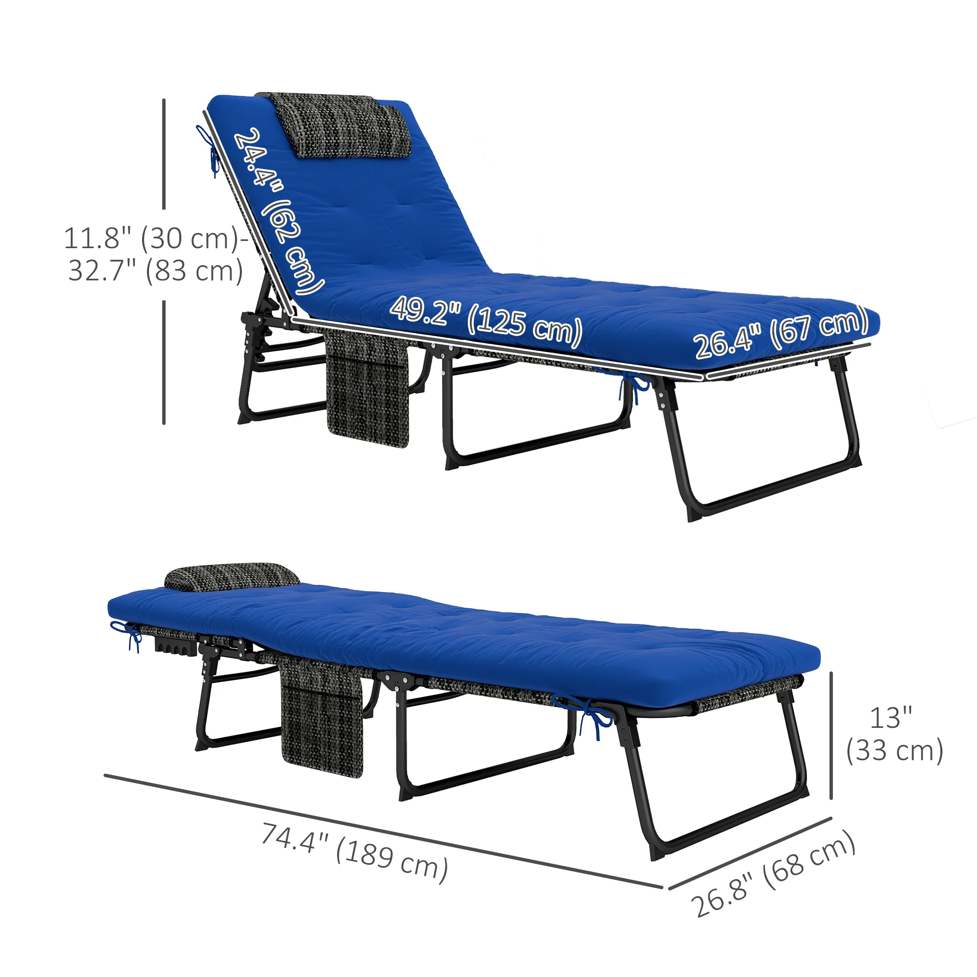 2-Piece Folding Lounge Chairs w/ Adjustable Backrest, Side Pocket & Headrest, Blue - Image 5