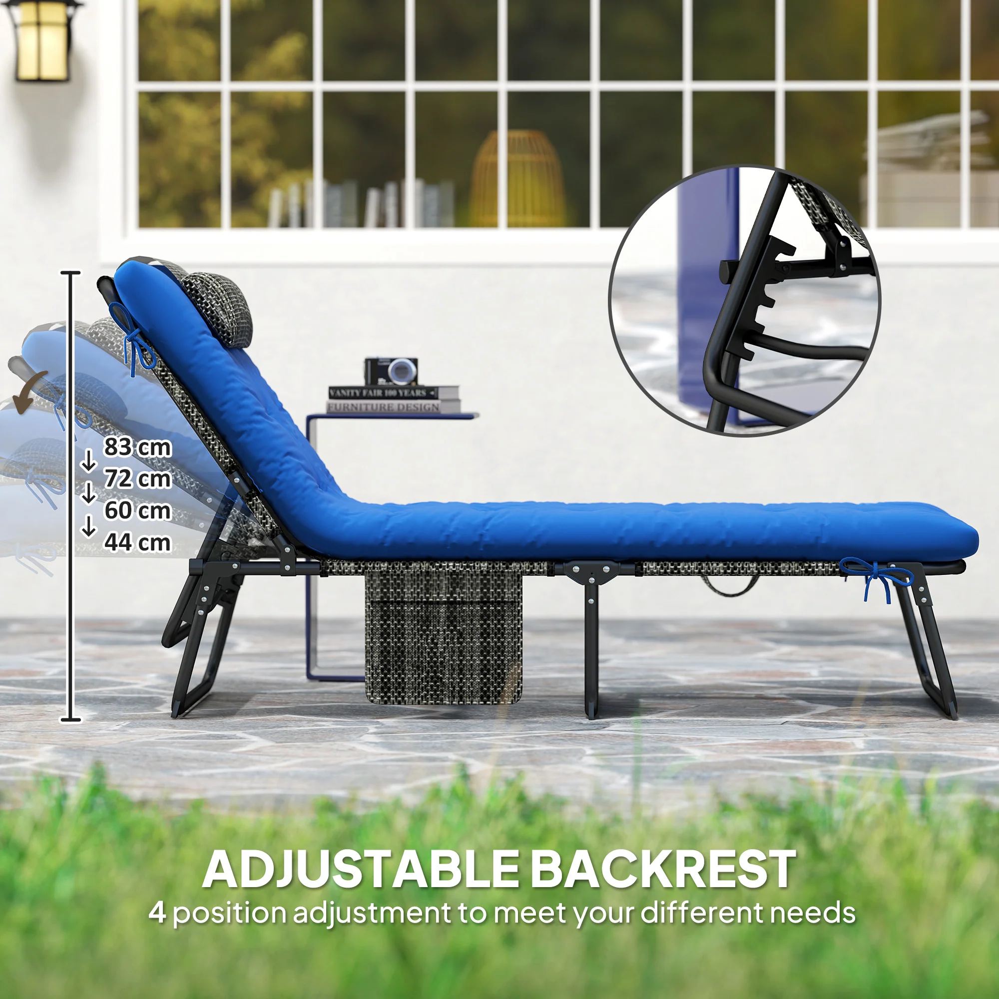 2-Piece Folding Lounge Chairs w/ Adjustable Backrest, Side Pocket & Headrest, Blue - Image 6
