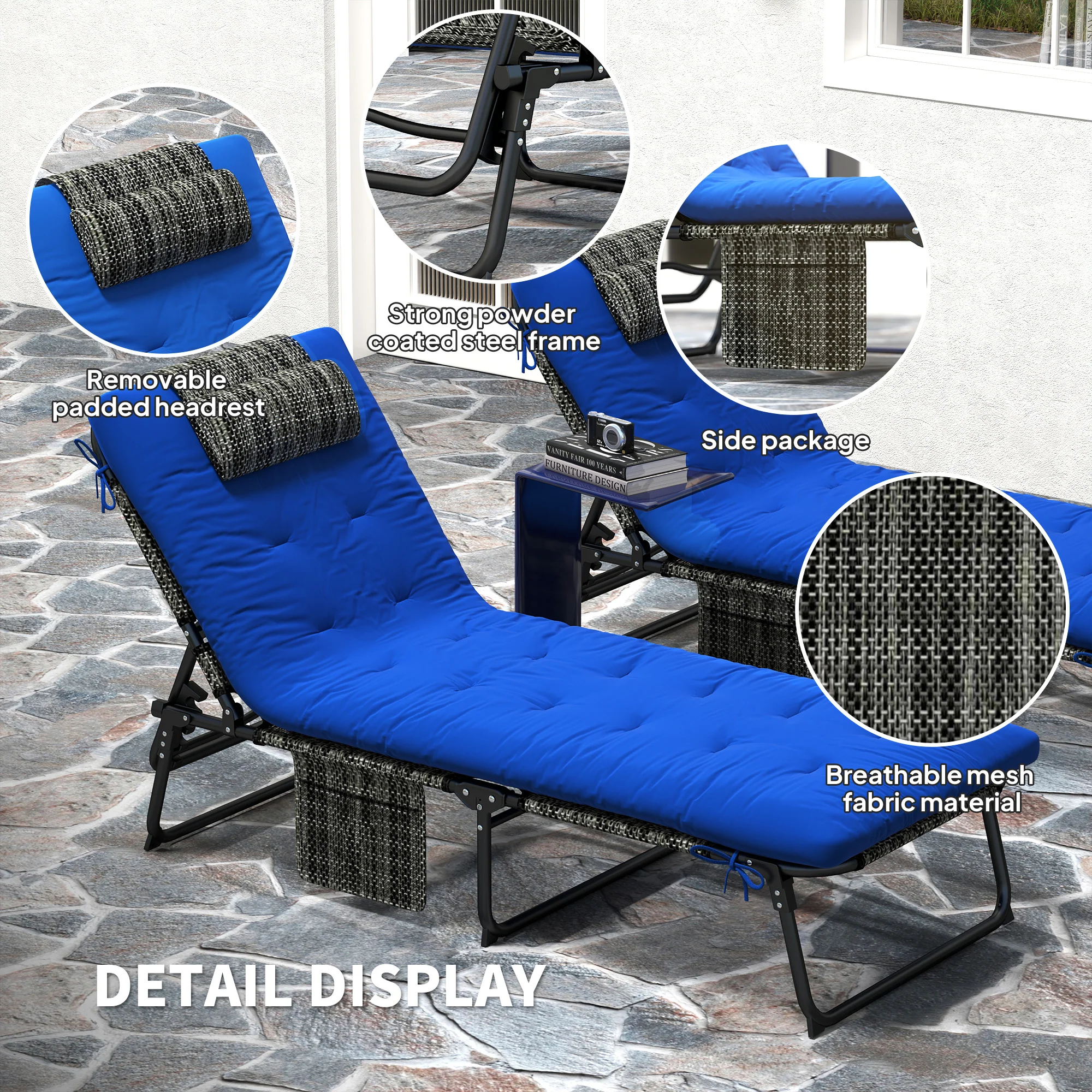2-Piece Folding Lounge Chairs w/ Adjustable Backrest, Side Pocket & Headrest, Blue - Image 8