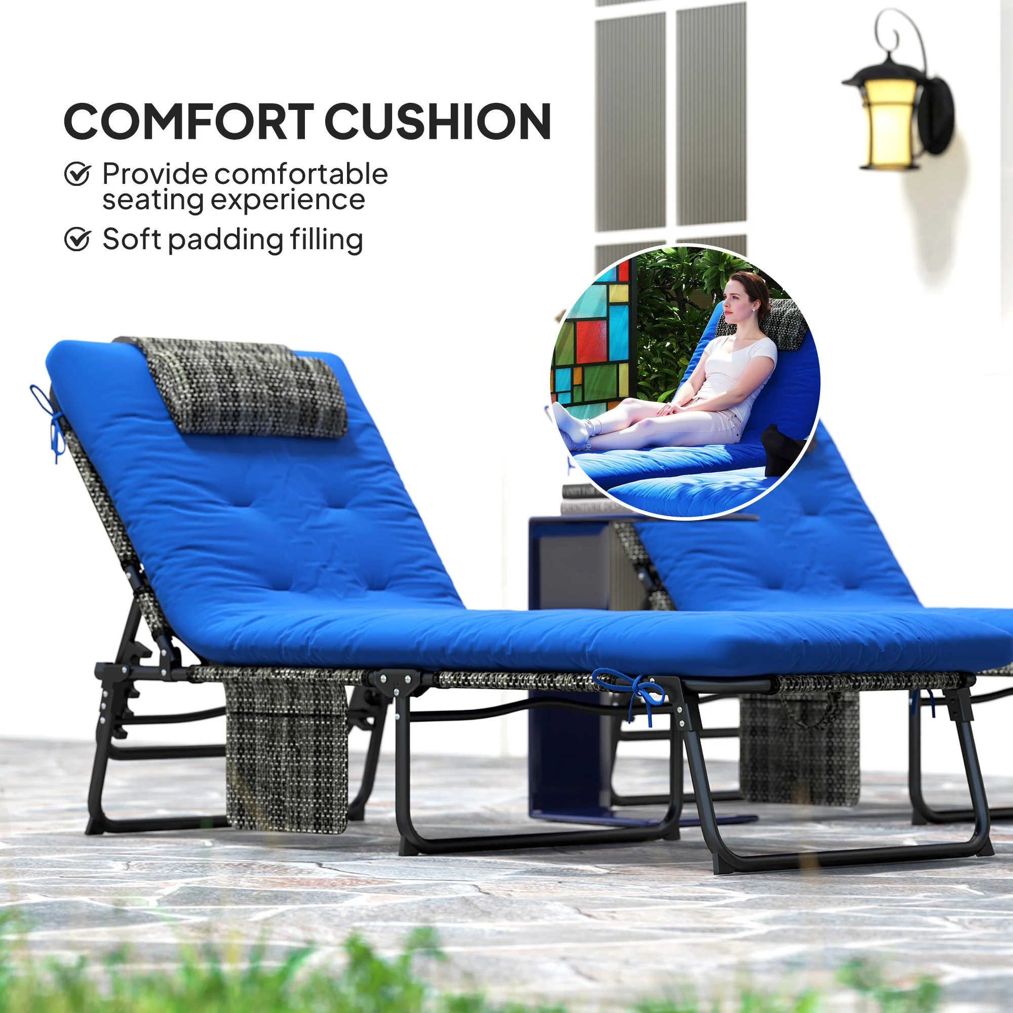 2-Piece Folding Lounge Chairs w/ Adjustable Backrest, Side Pocket & Headrest, Blue - Image 9
