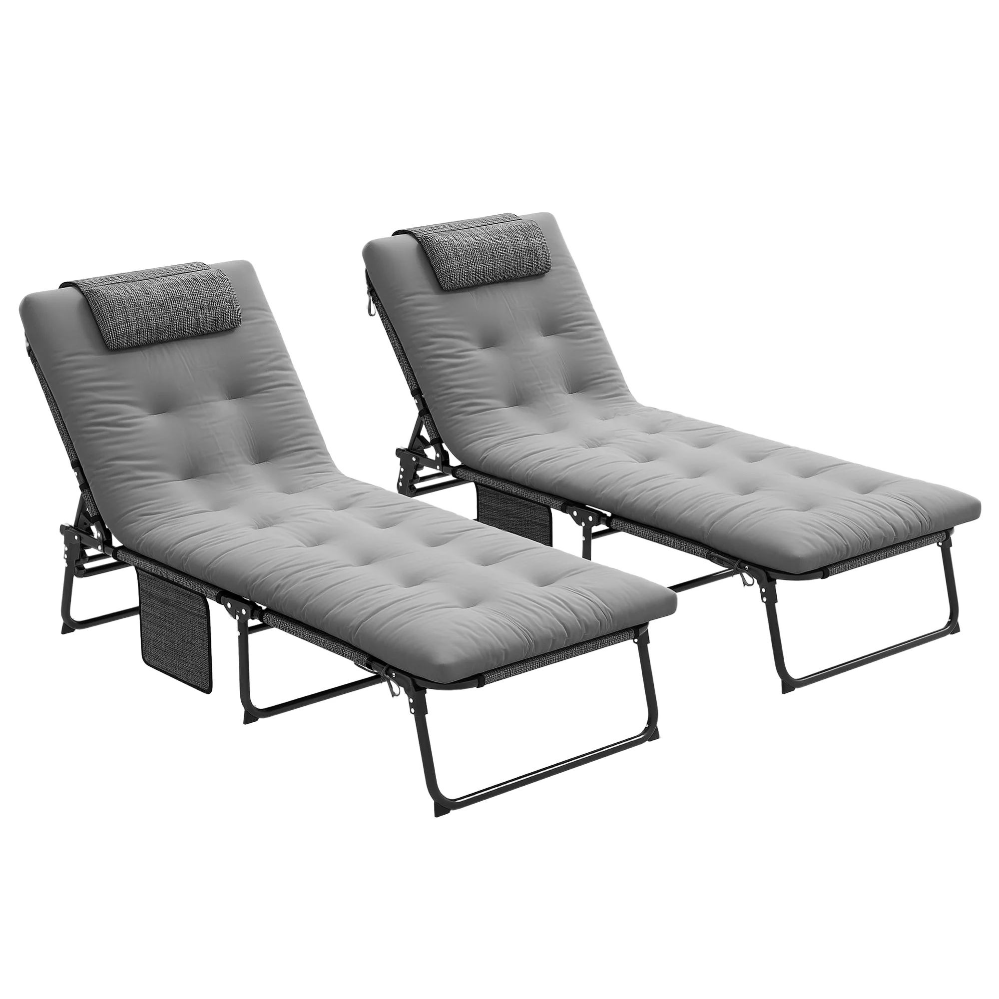 2-Piece Folding Lounge Chairs w/ Adjustable Backrest, Side Pocket & Headrest, Grey