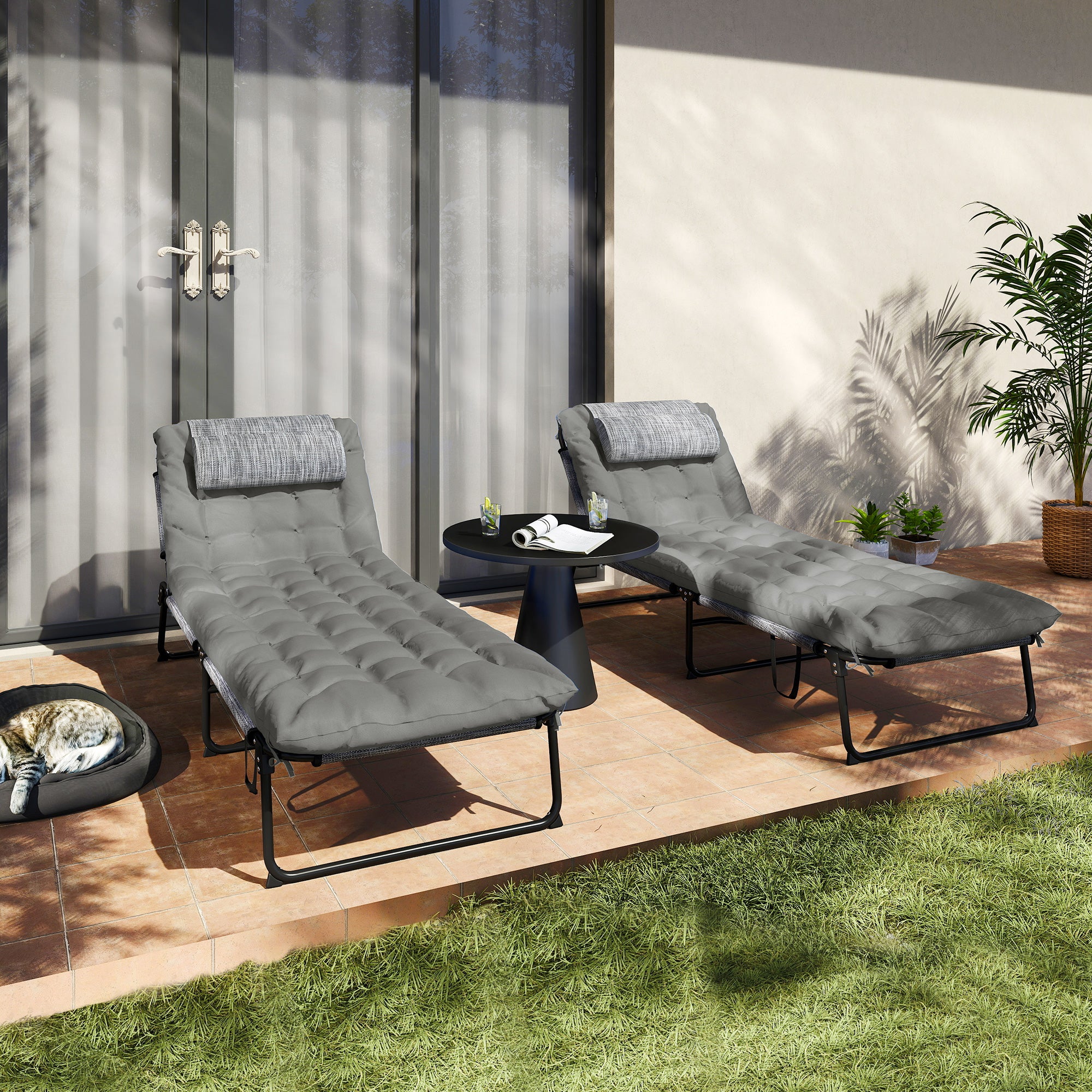 2-Piece Folding Lounge Chairs w/ Adjustable Backrest, Side Pocket & Headrest, Grey - Image 10