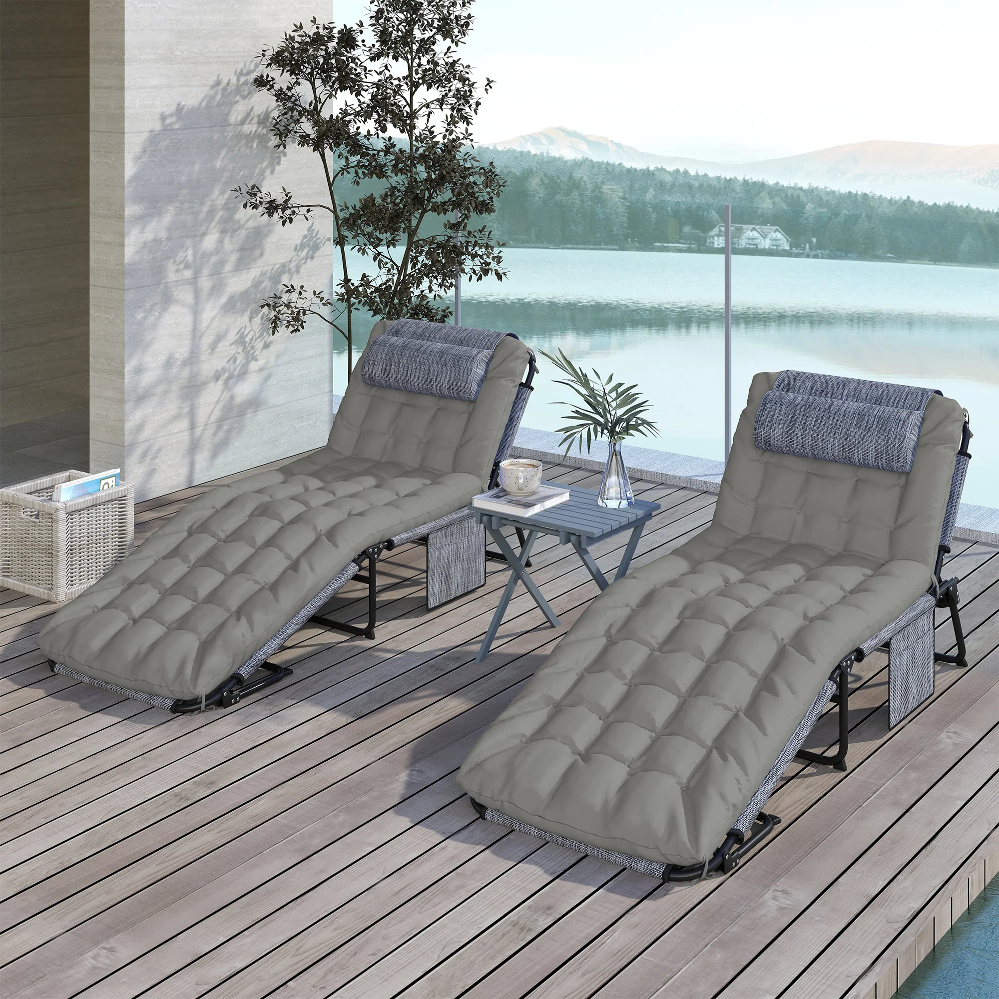 2-Piece Folding Lounge Chairs w/ Adjustable Backrest, Side Pocket & Headrest, Grey - Image 11