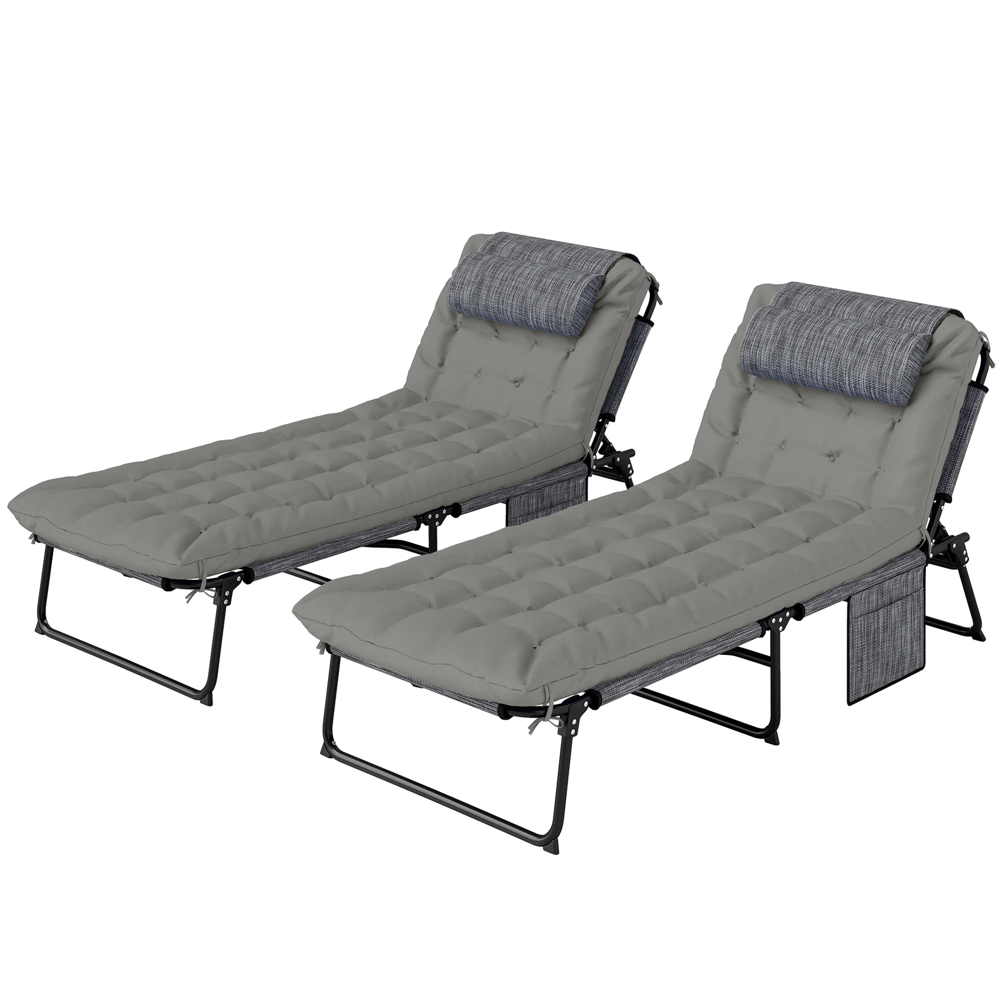 2-Piece Folding Lounge Chairs w/ Adjustable Backrest, Side Pocket & Headrest, Grey - Image 12