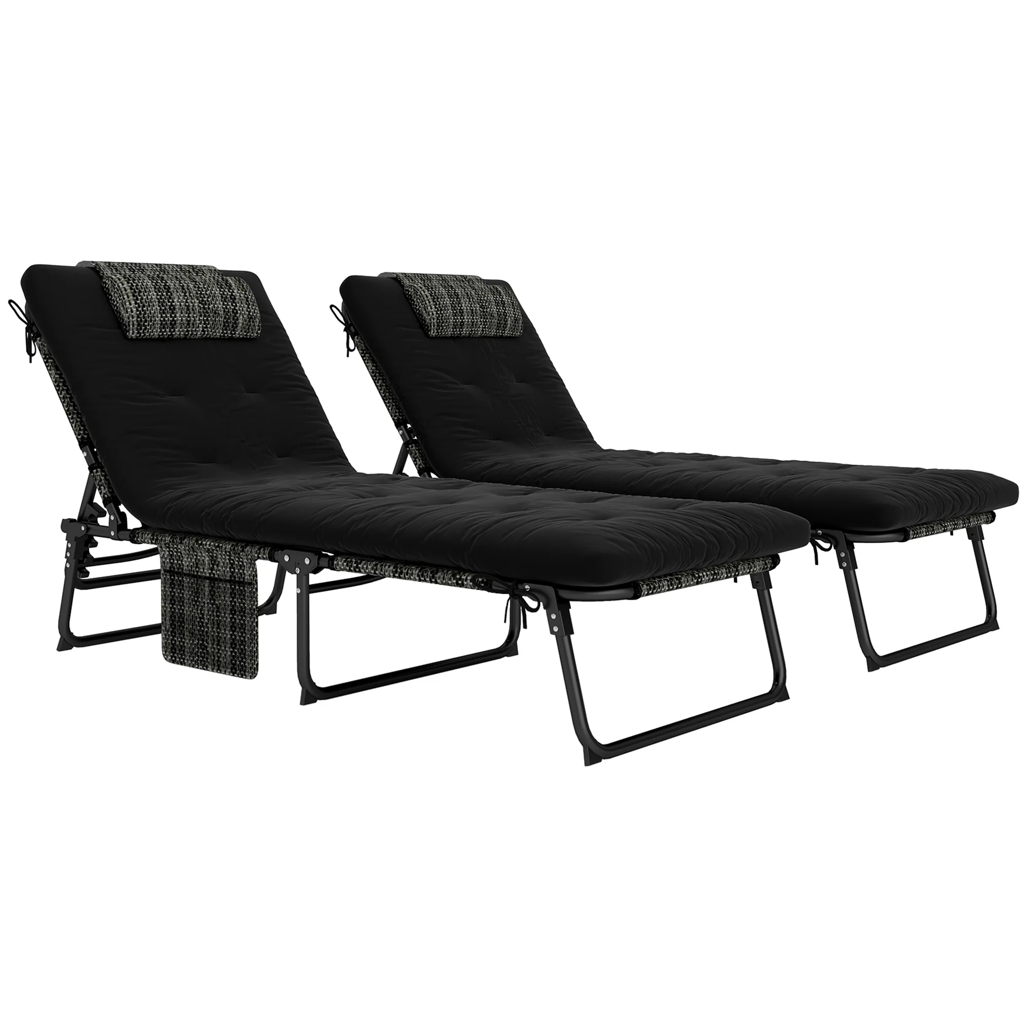 2-Piece Folding Lounge Chairs w/ Adjustable Backrest, Side Pocket & Headrest, Black