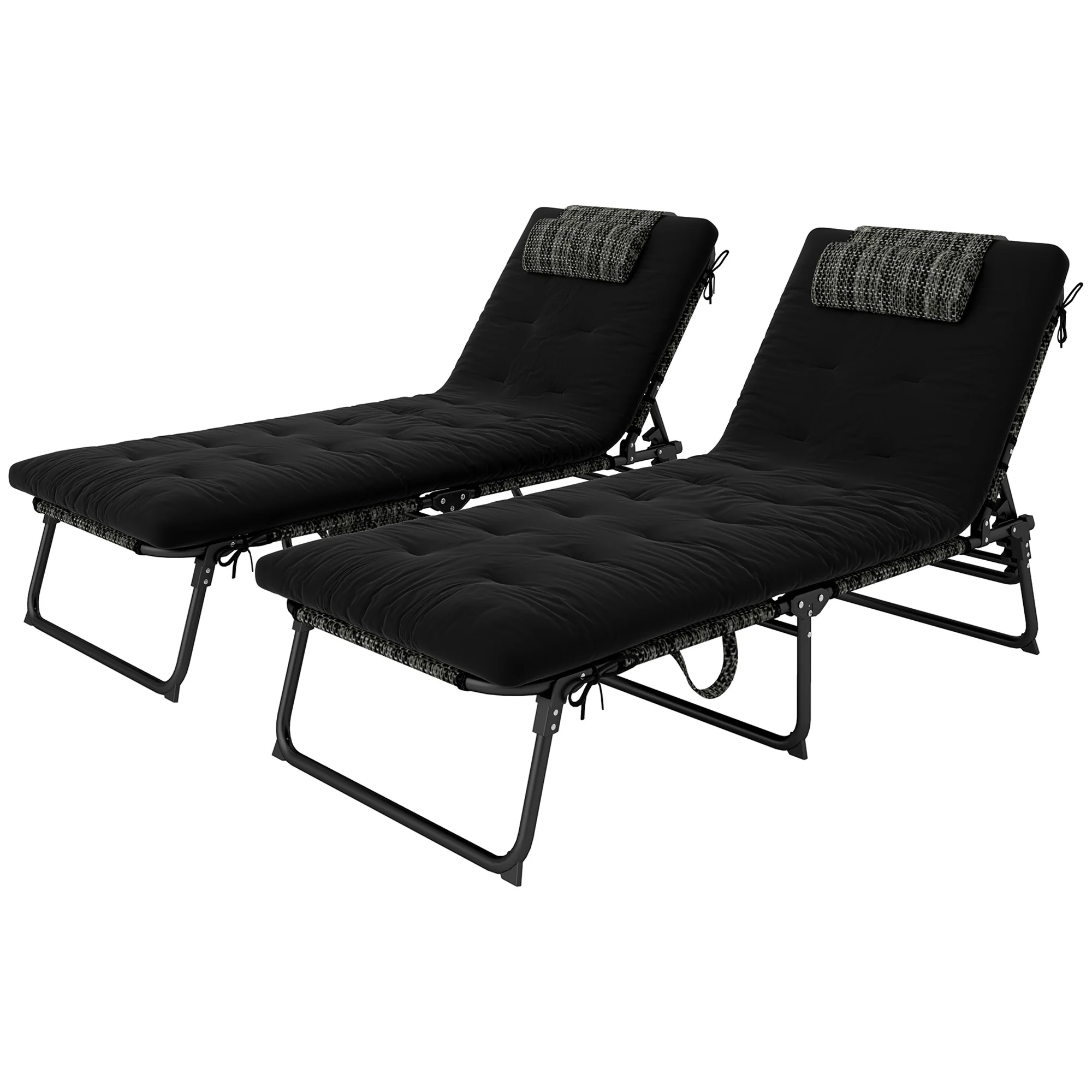 2-Piece Folding Lounge Chairs w/ Adjustable Backrest, Side Pocket & Headrest, Black - Image 2