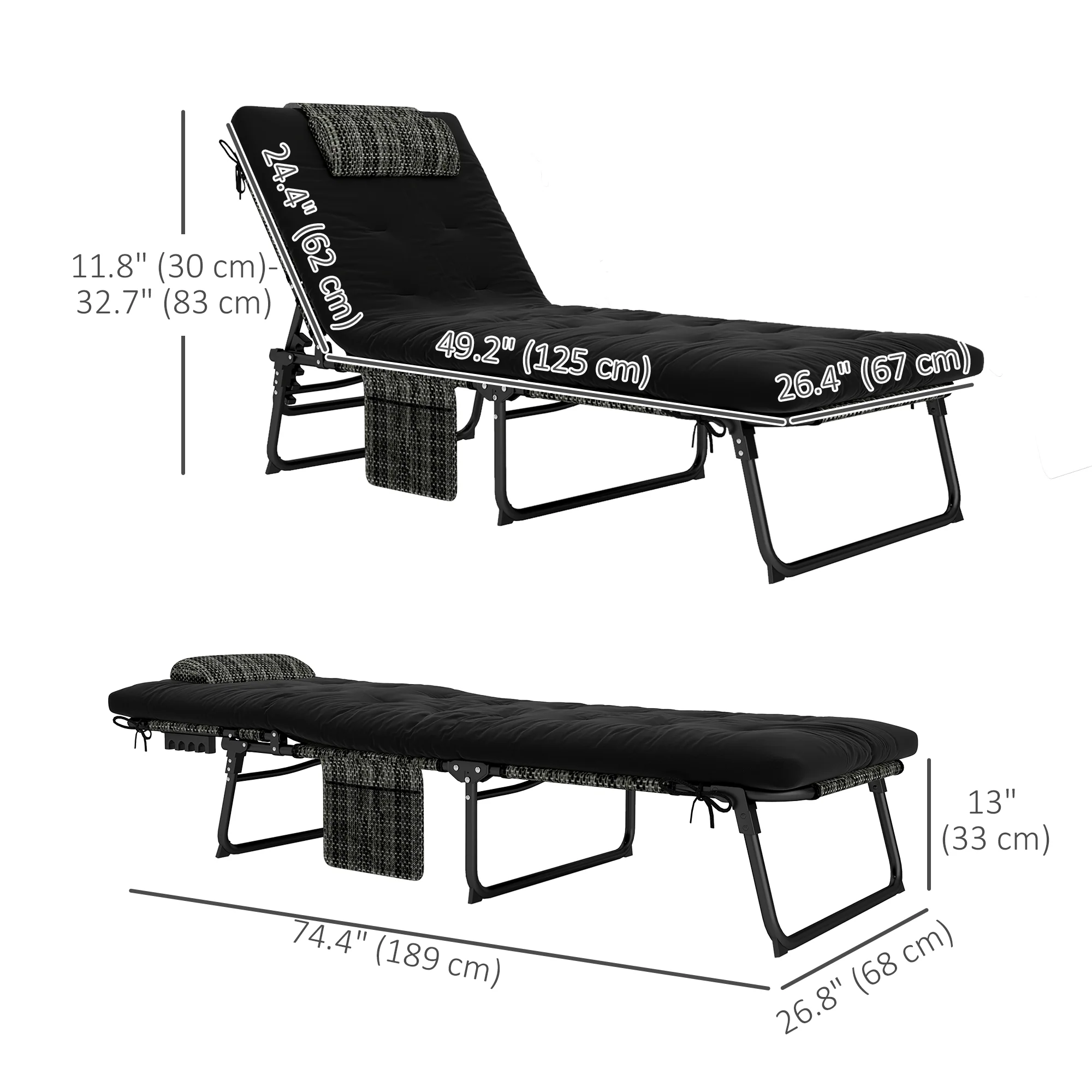 2-Piece Folding Lounge Chairs w/ Adjustable Backrest, Side Pocket & Headrest, Black - Image 5