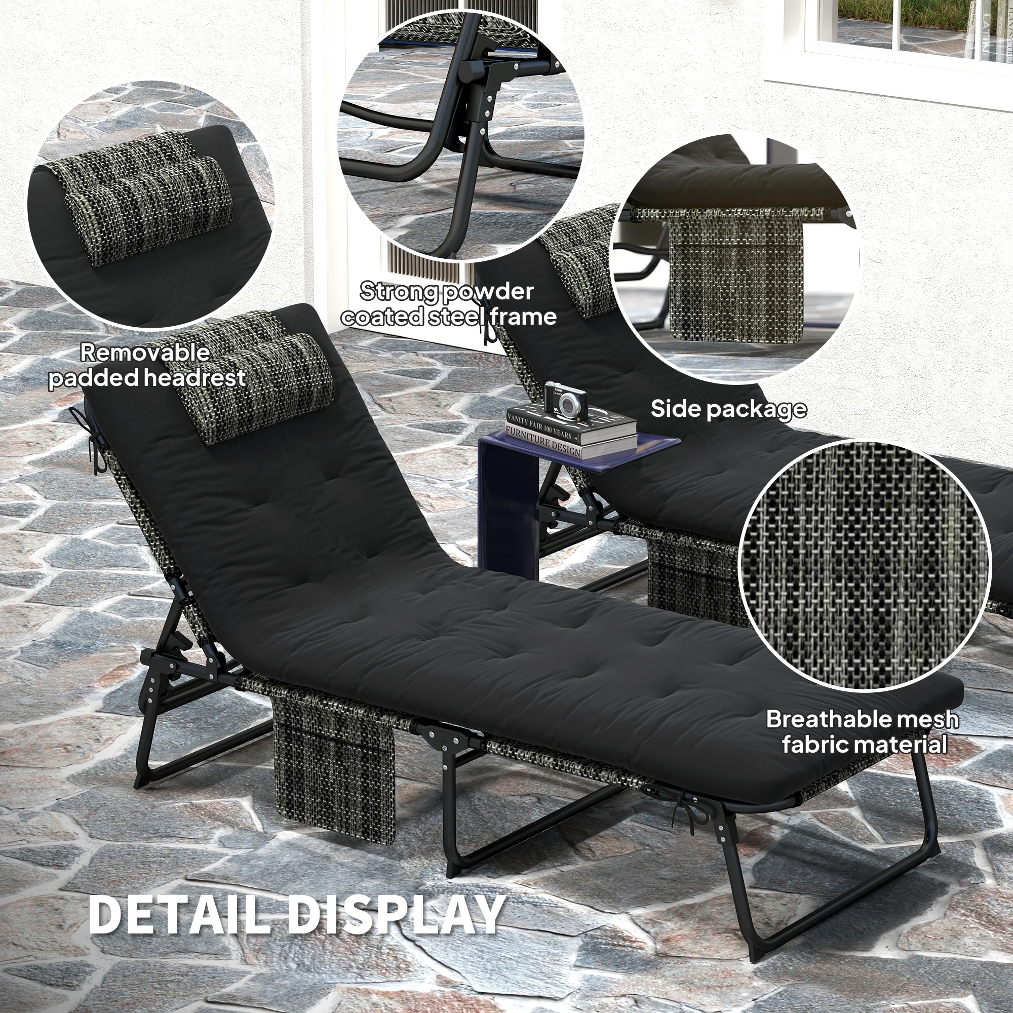 2-Piece Folding Lounge Chairs w/ Adjustable Backrest, Side Pocket & Headrest, Black - Image 8