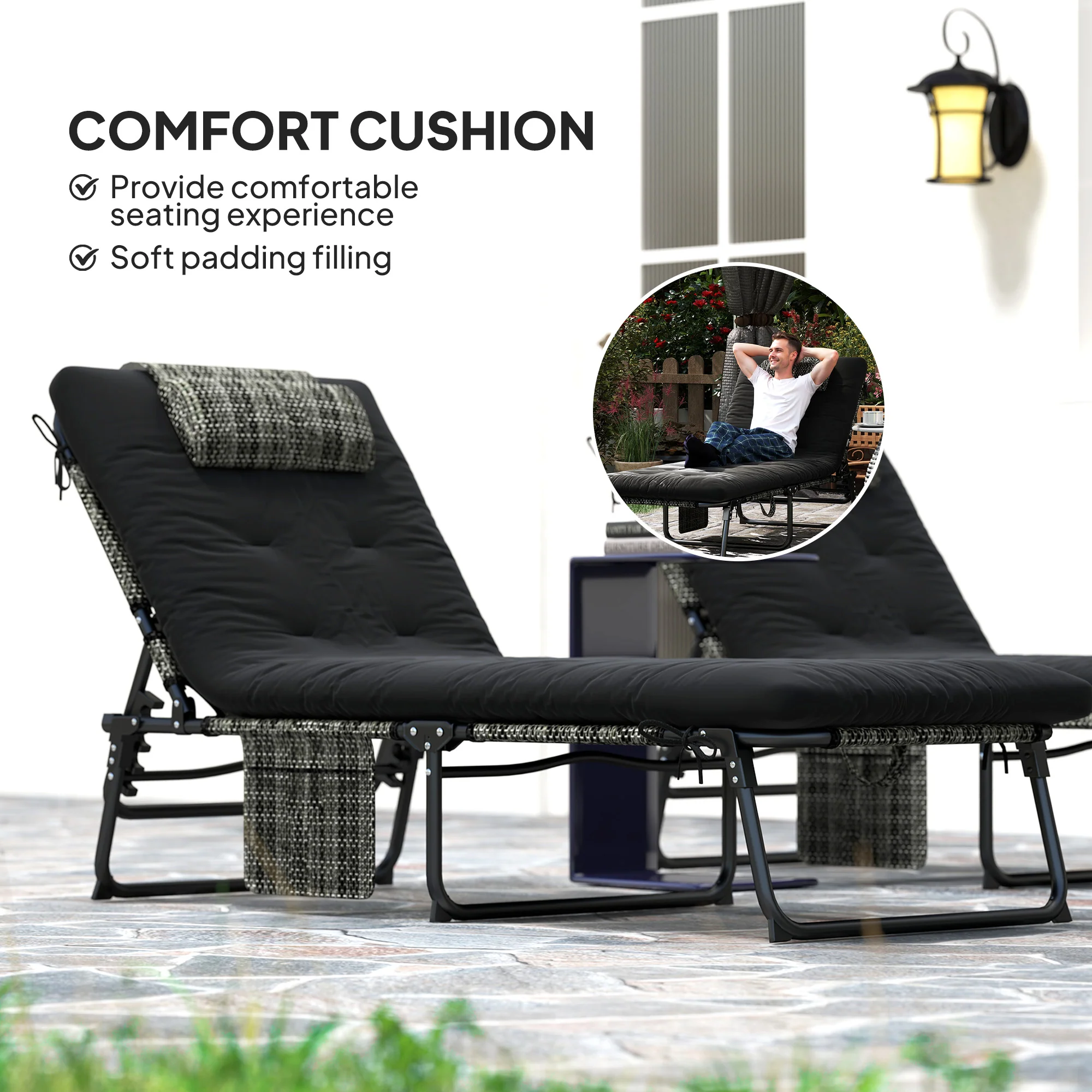 2-Piece Folding Lounge Chairs w/ Adjustable Backrest, Side Pocket & Headrest, Black - Image 9