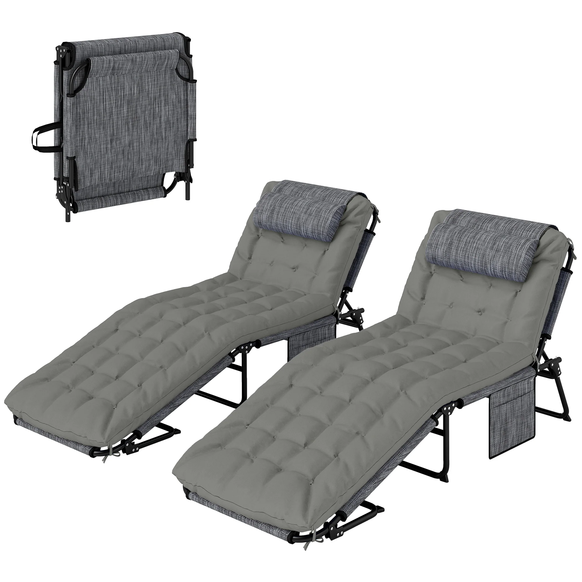 2-Piece Folding Lounge Chairs w/ Adjustable Backrest, Side Pocket & Headrest, Grey - Image 2