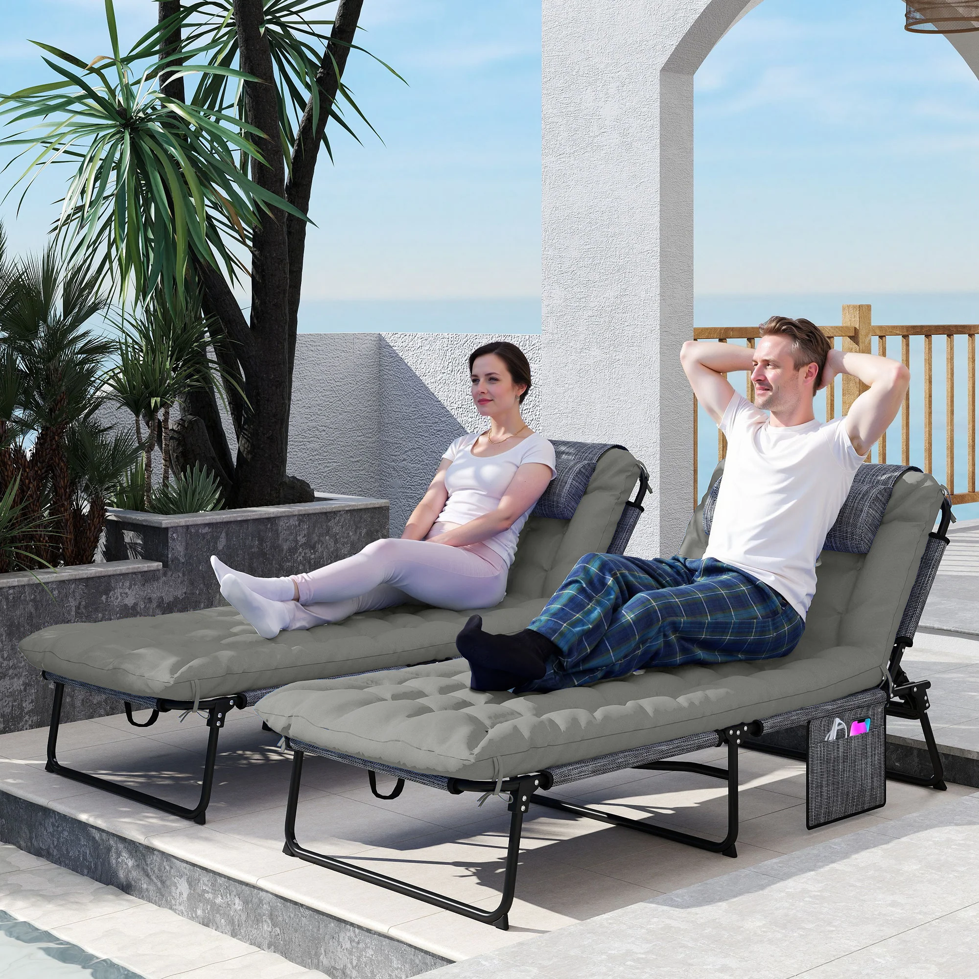 2-Piece Folding Lounge Chairs w/ Adjustable Backrest, Side Pocket & Headrest, Grey - Image 3