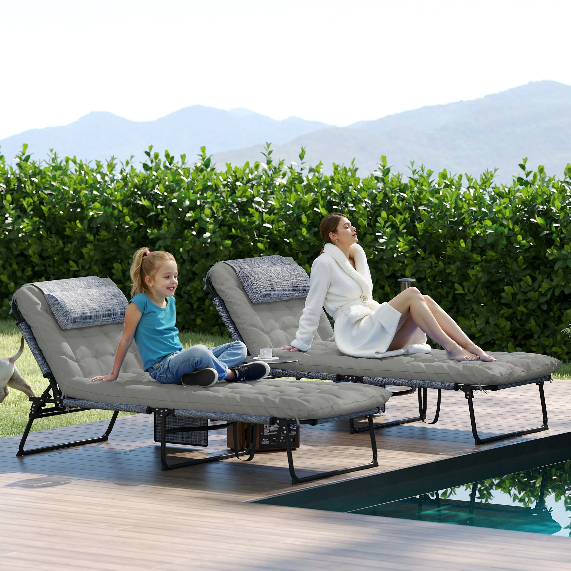 2-Piece Folding Lounge Chairs w/ Adjustable Backrest, Side Pocket & Headrest, Grey - Image 4