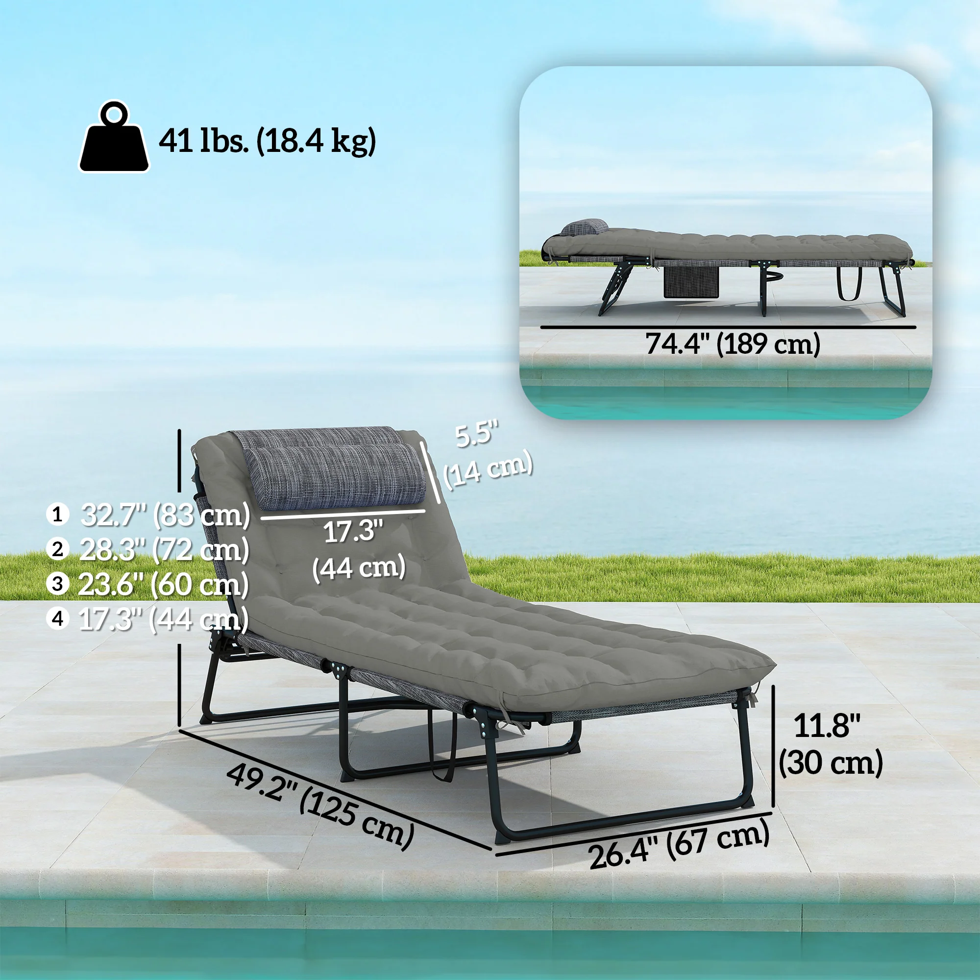 2-Piece Folding Lounge Chairs w/ Adjustable Backrest, Side Pocket & Headrest, Grey - Image 5