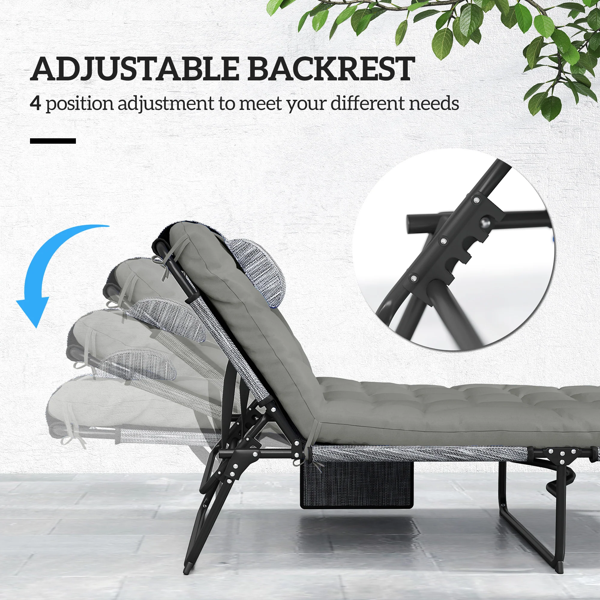 2-Piece Folding Lounge Chairs w/ Adjustable Backrest, Side Pocket & Headrest, Grey - Image 6