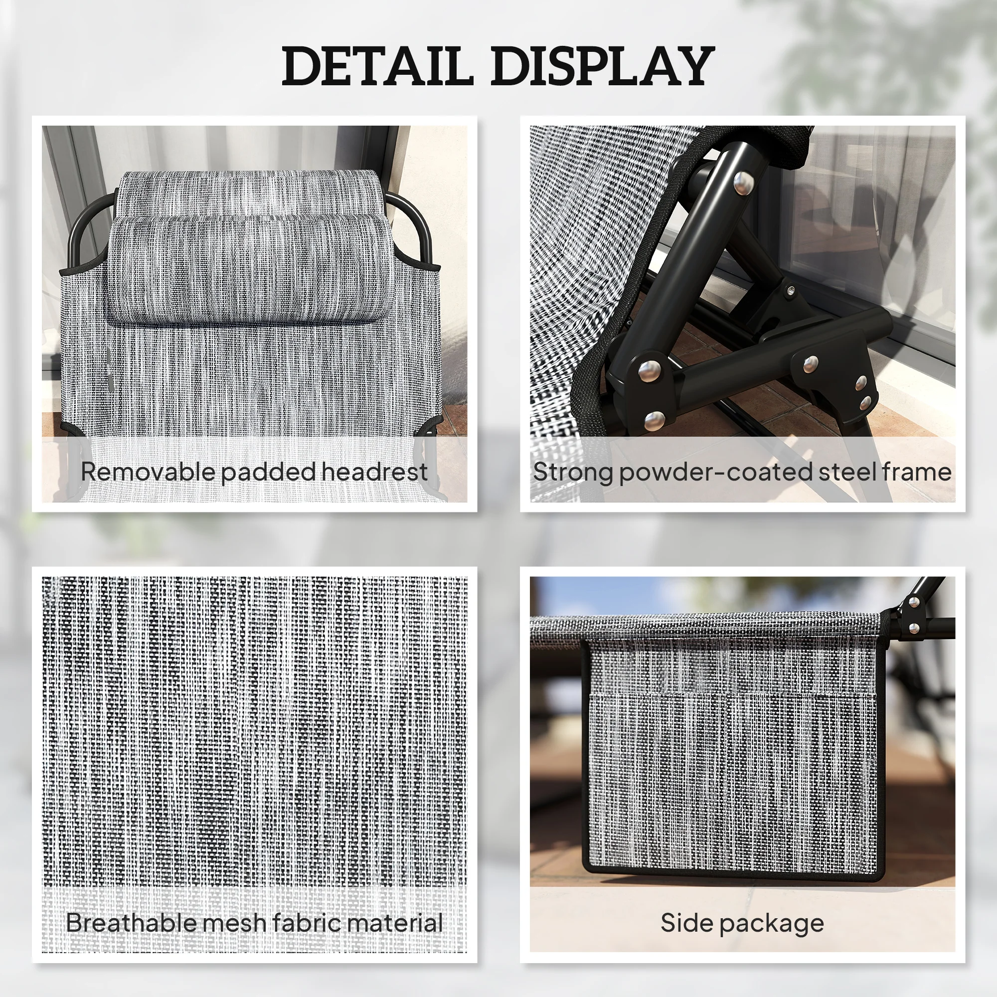 2-Piece Folding Lounge Chairs w/ Adjustable Backrest, Side Pocket & Headrest, Grey - Image 8
