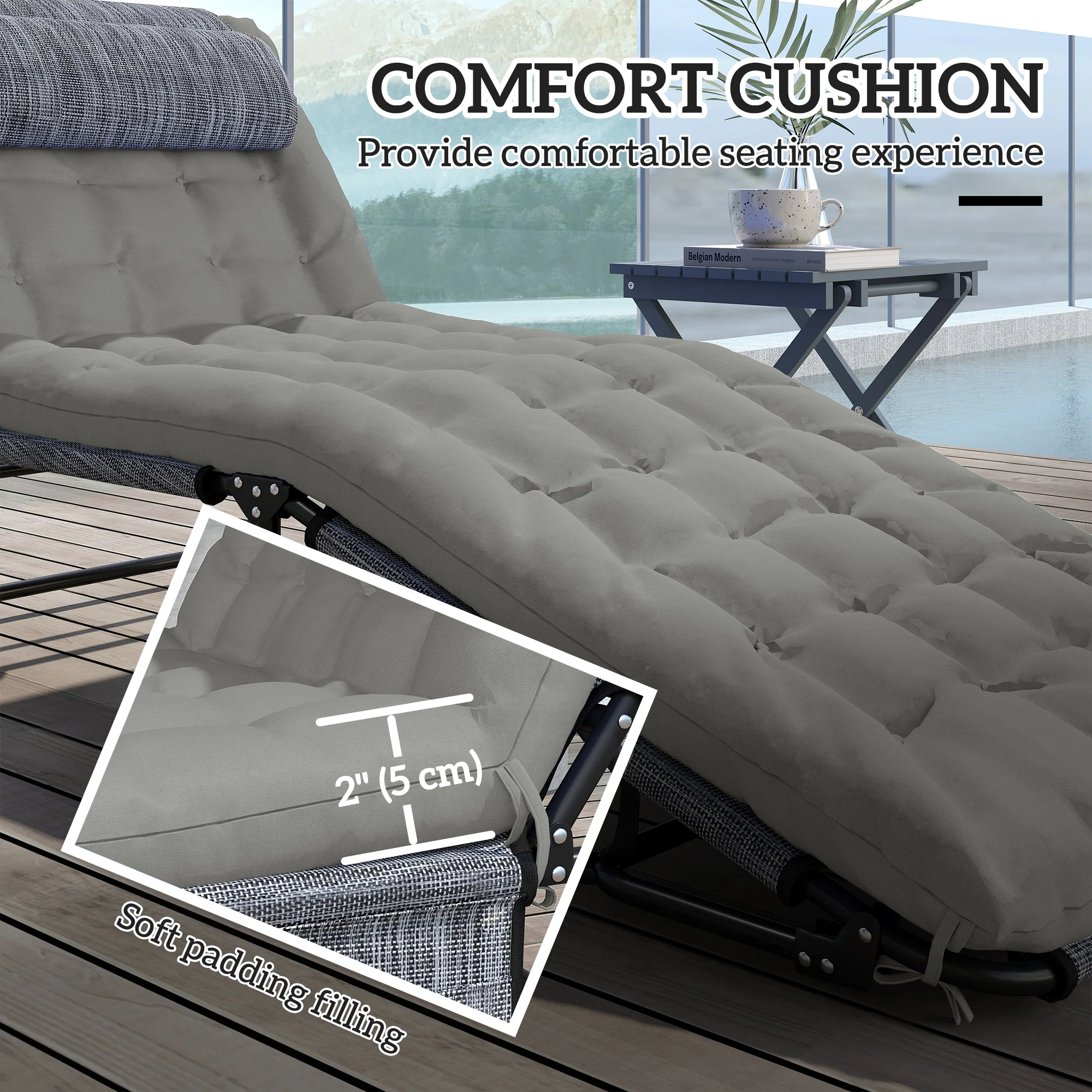 2-Piece Folding Lounge Chairs w/ Adjustable Backrest, Side Pocket & Headrest, Grey - Image 9