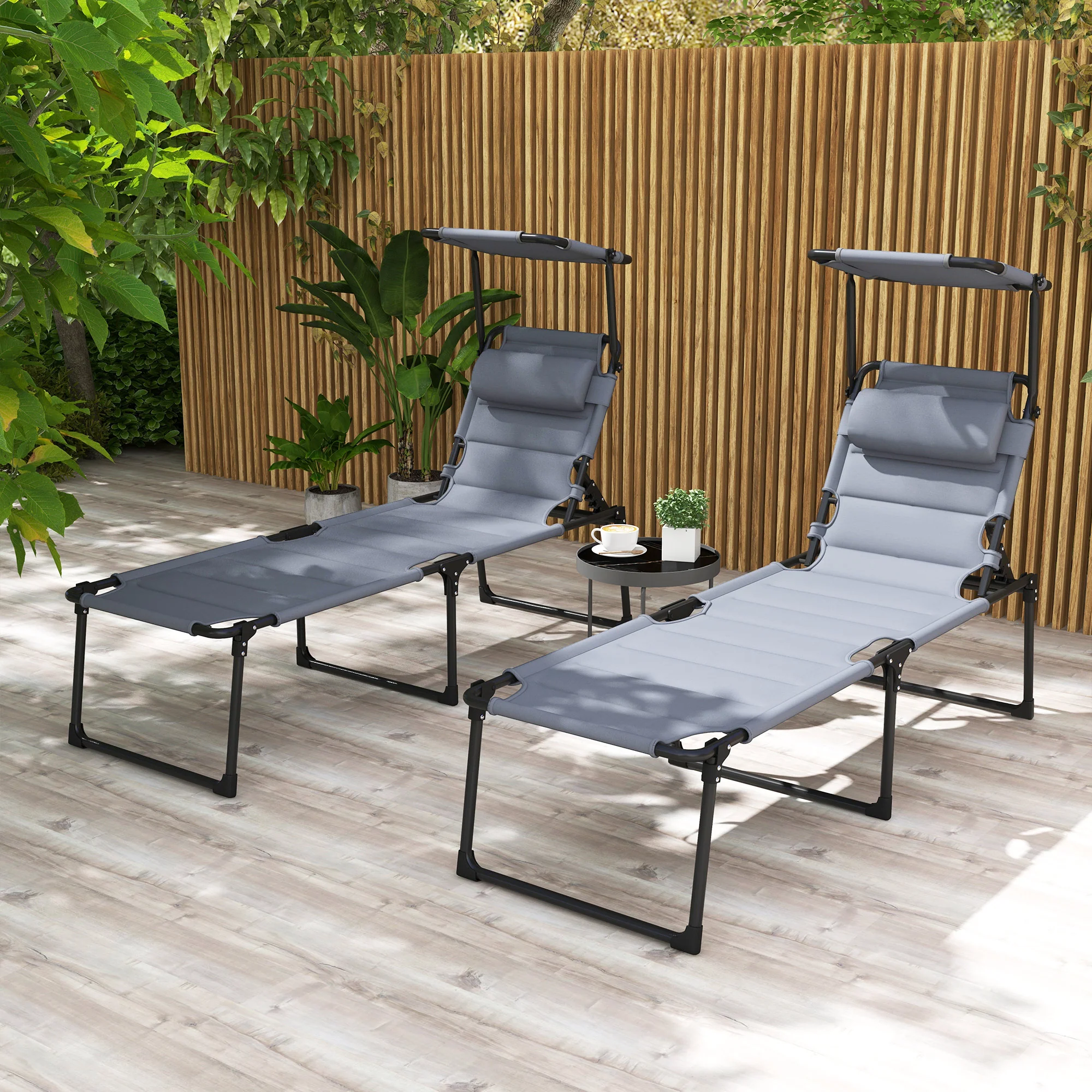 2-Piece Outdoor Lounge Chairs with Sunshade and Pillow, Gray - Image 3