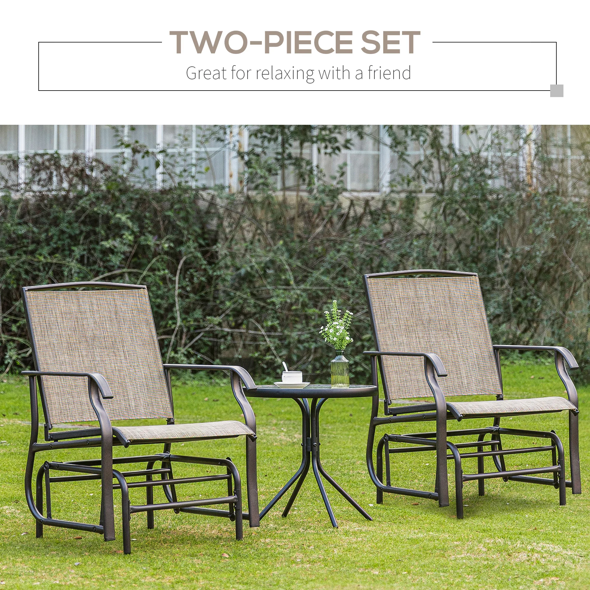 2 Pieces Outdoor Glider Rocking Chair Set with Breathable Mesh Fabric, Dark Brown - Image 10