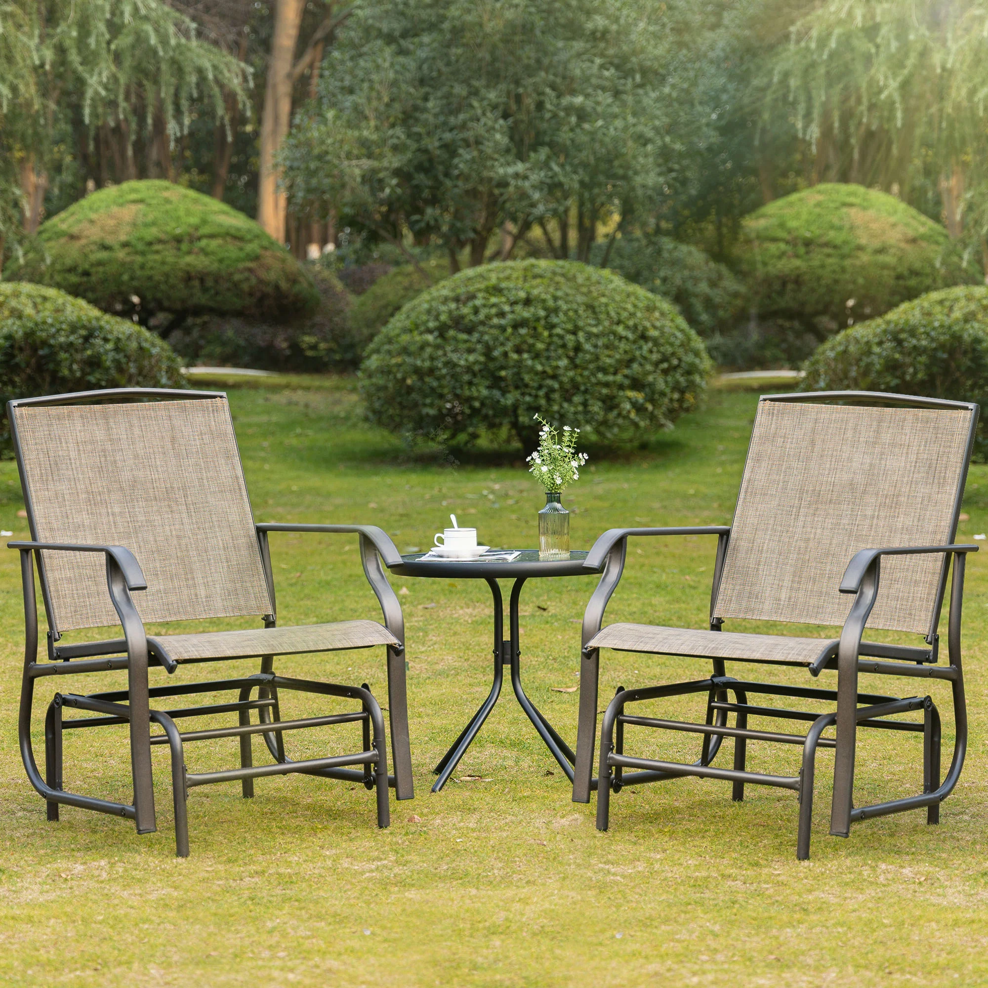 2 Pieces Outdoor Glider Rocking Chair Set with Breathable Mesh Fabric, Dark Brown - Image 3