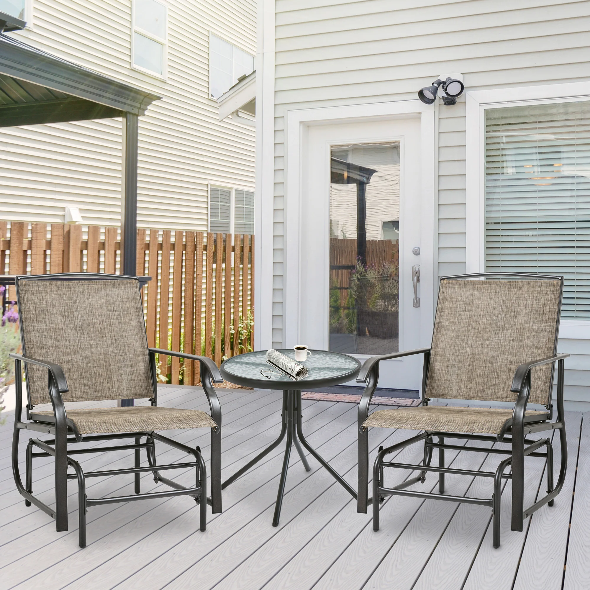 2 Pieces Outdoor Glider Rocking Chair Set with Breathable Mesh Fabric, Dark Brown - Image 4
