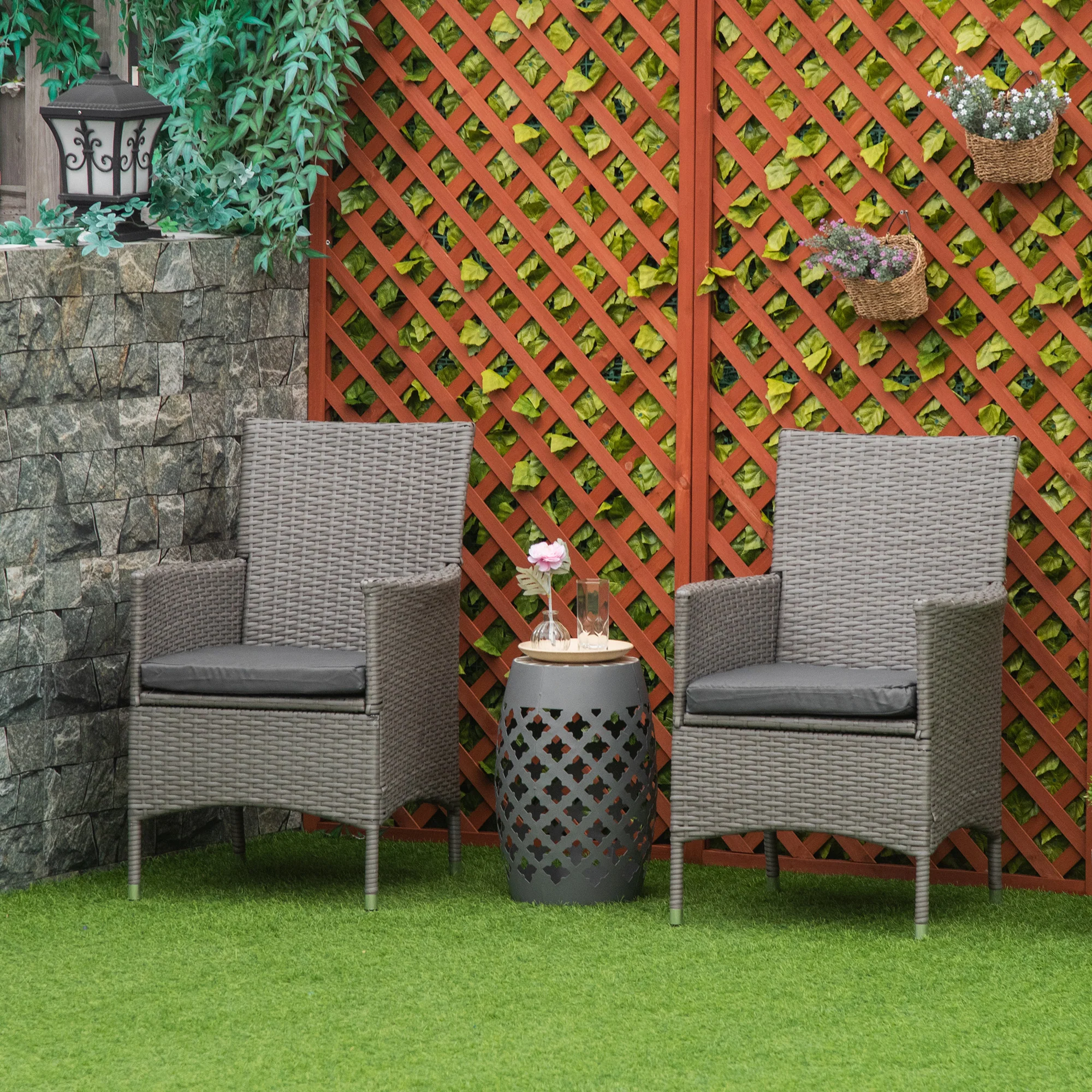 2 Piece PE Rattan Dining Chair Set with Cushions & High Back, Grey - Image 3
