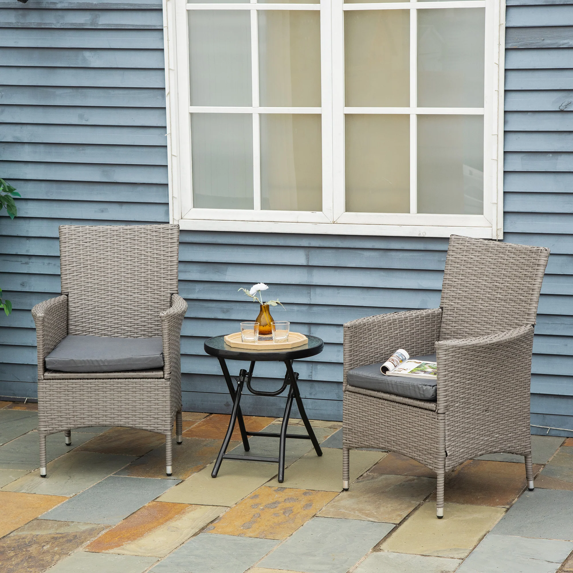 2 Piece PE Rattan Dining Chair Set with Cushions & High Back, Grey - Image 4