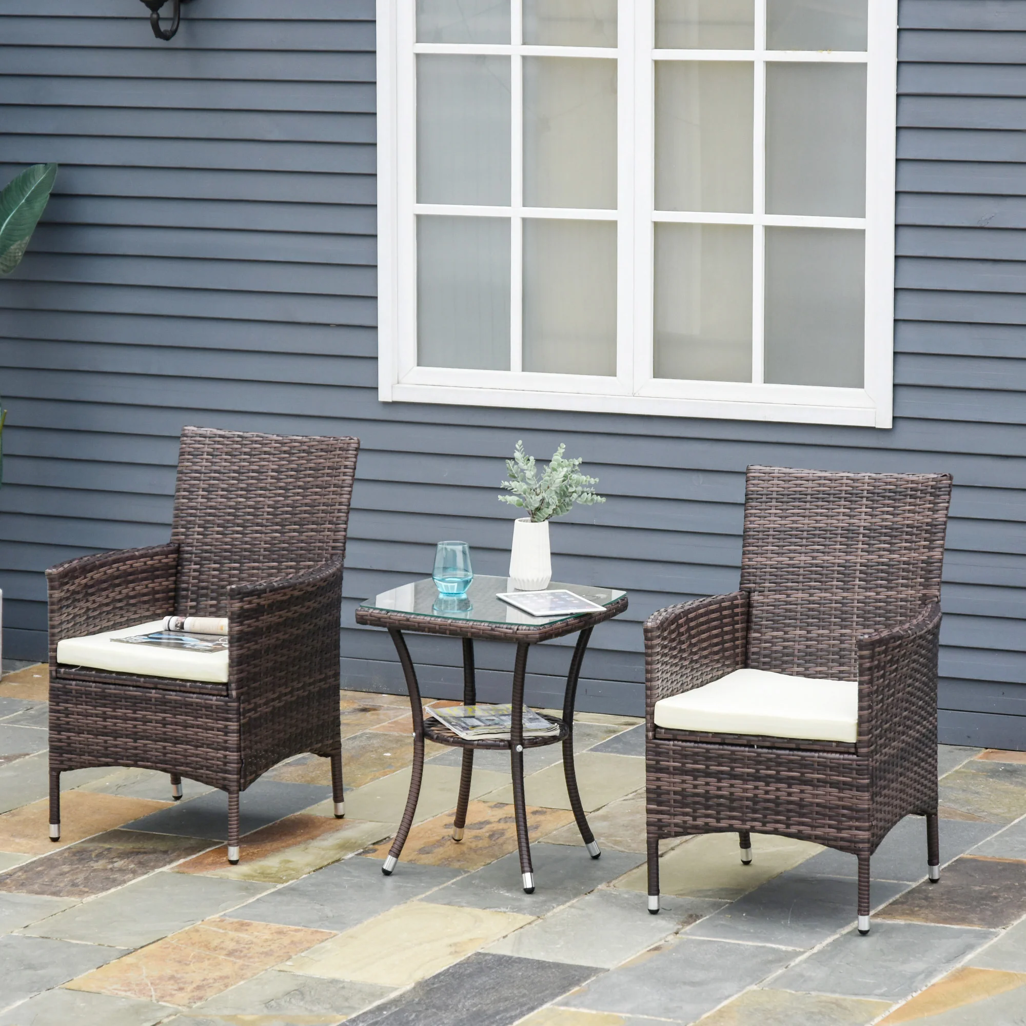 2 Piece PE Rattan Dining Chair Set with Cushions & High Back, Mixed Brown - Image 3