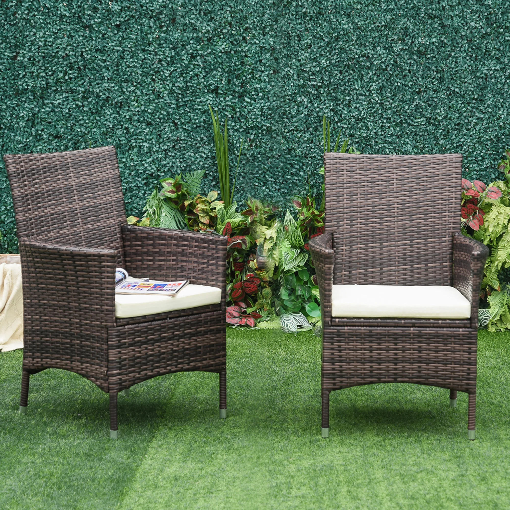 2 Piece PE Rattan Dining Chair Set with Cushions & High Back, Mixed Brown - Image 4