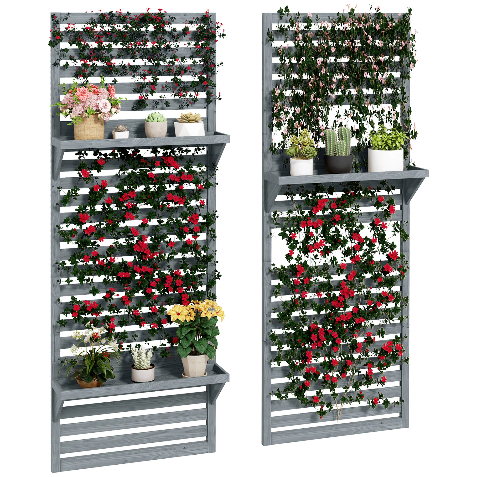 2-pieces Outdoor Plant Stands with Hanging Planter Shelves for Climbing Plants, Grey