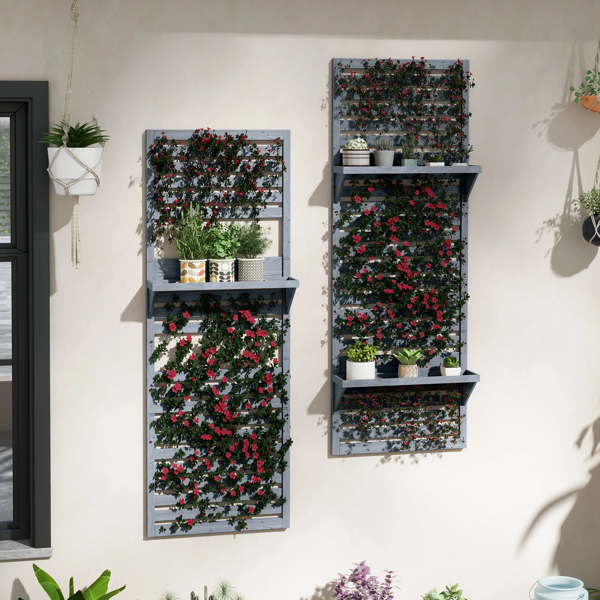 2-pieces Outdoor Plant Stands with Hanging Planter Shelves for Climbing Plants, Grey - Image 3
