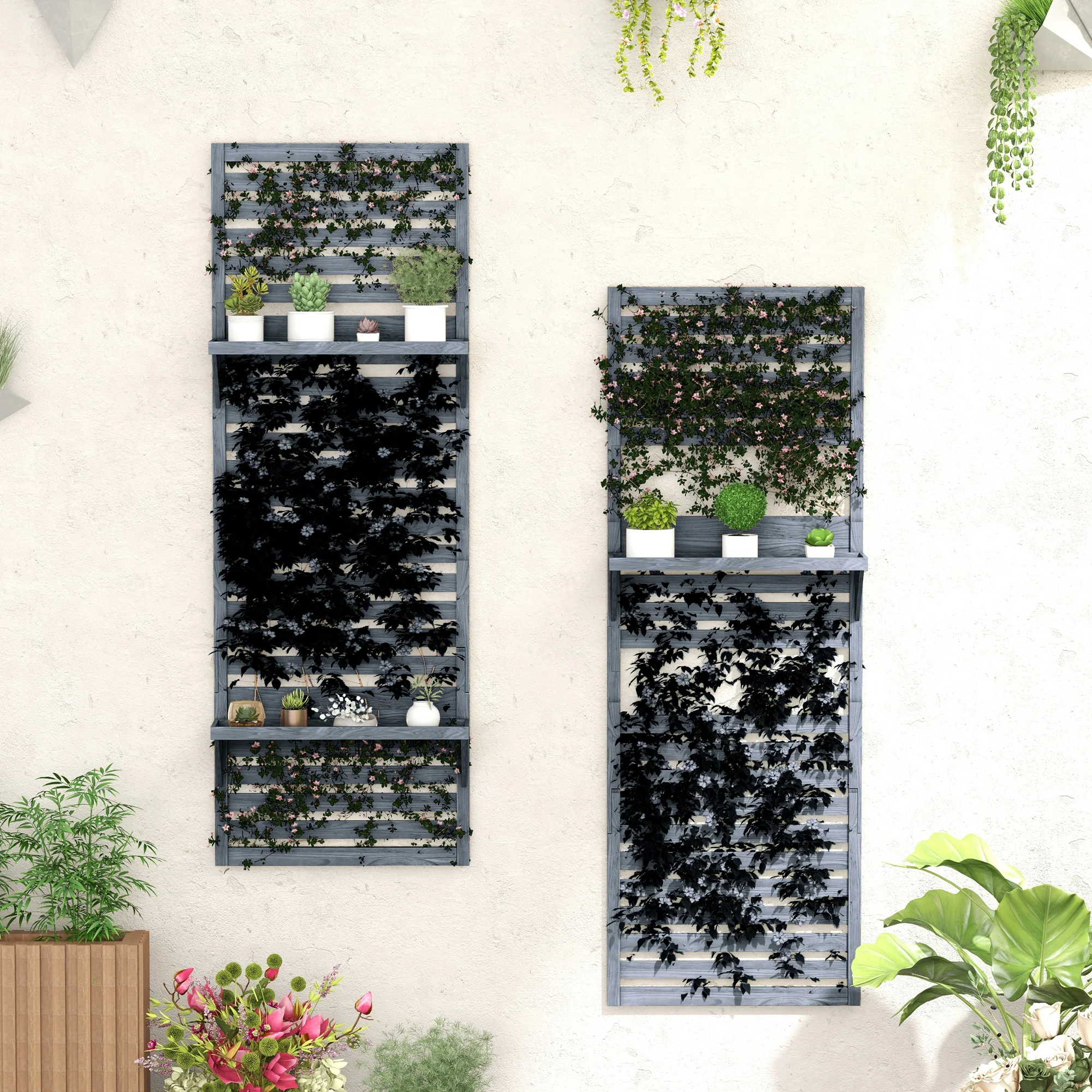 2-pieces Outdoor Plant Stands with Hanging Planter Shelves for Climbing Plants, Grey - Image 4