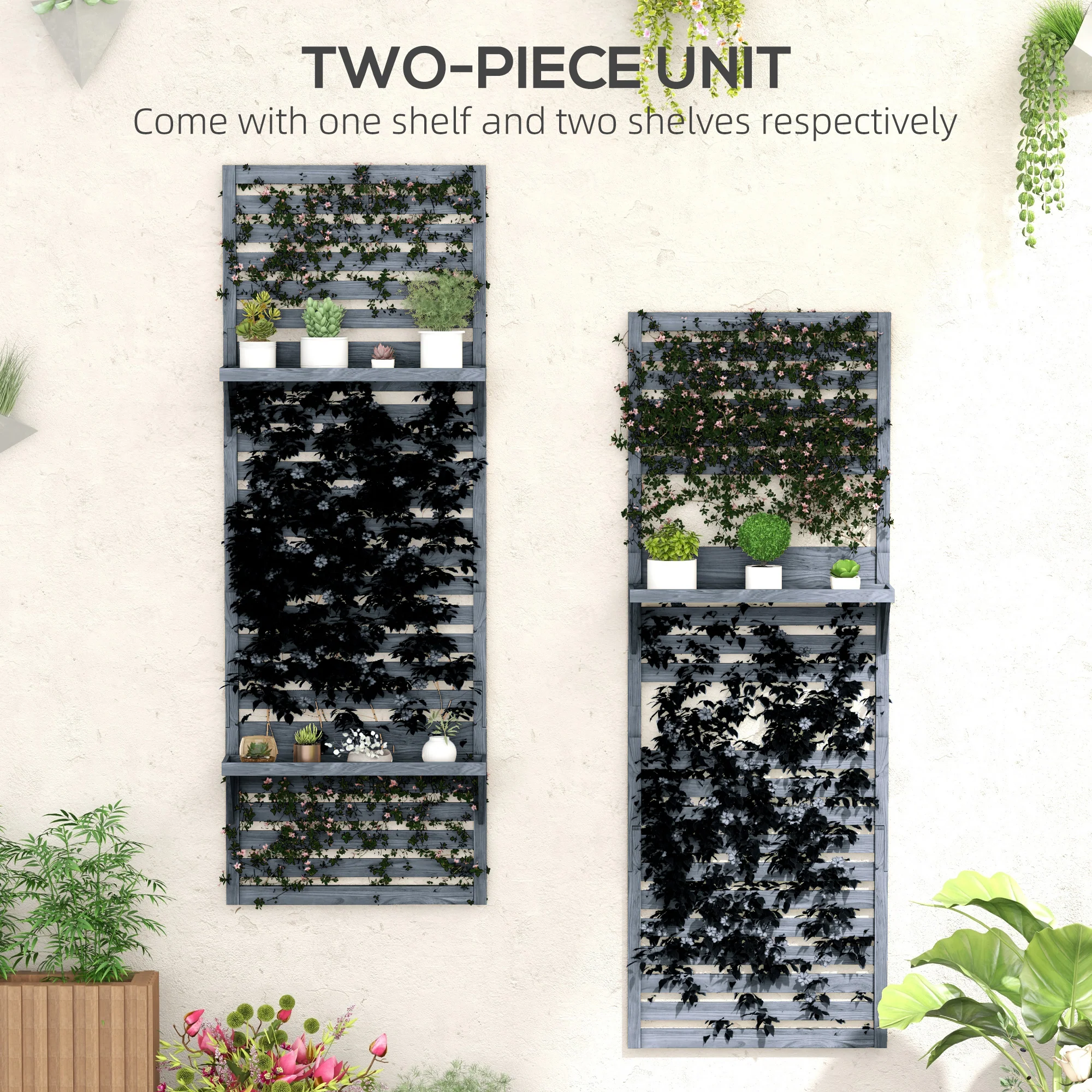 2-pieces Outdoor Plant Stands with Hanging Planter Shelves for Climbing Plants, Grey - Image 6