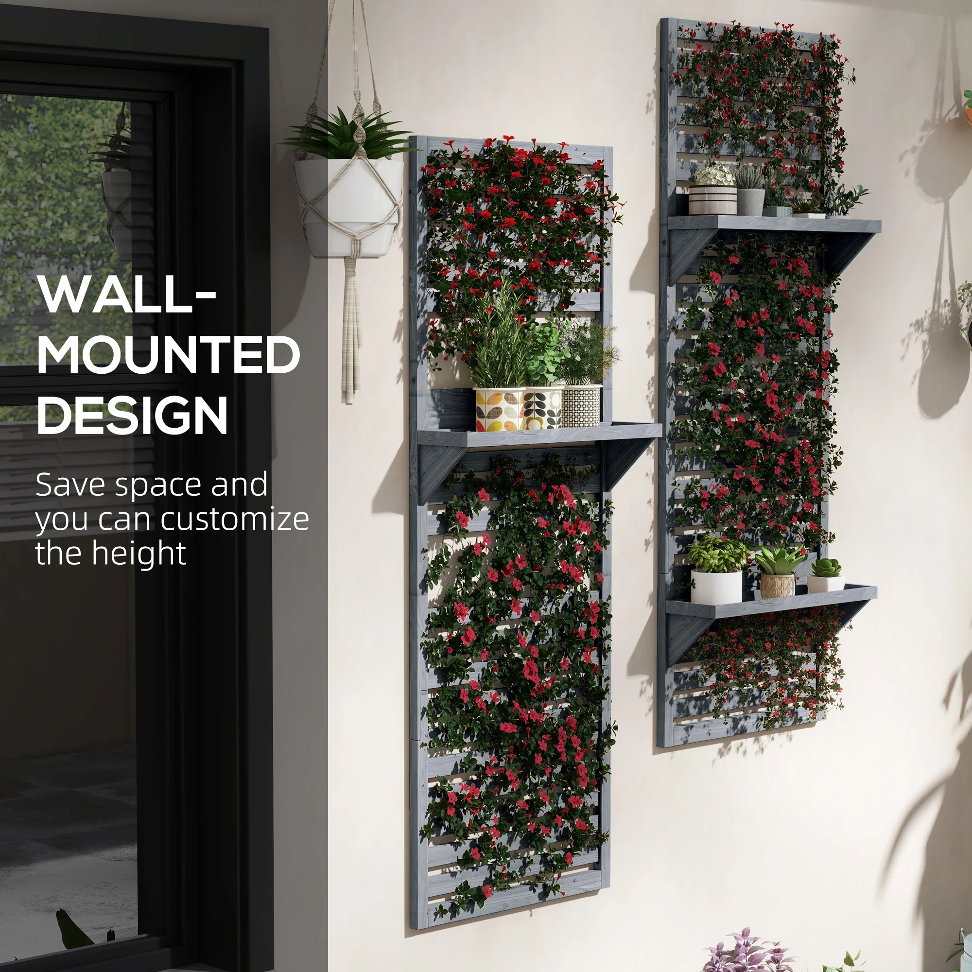 2-pieces Outdoor Plant Stands with Hanging Planter Shelves for Climbing Plants, Grey - Image 8