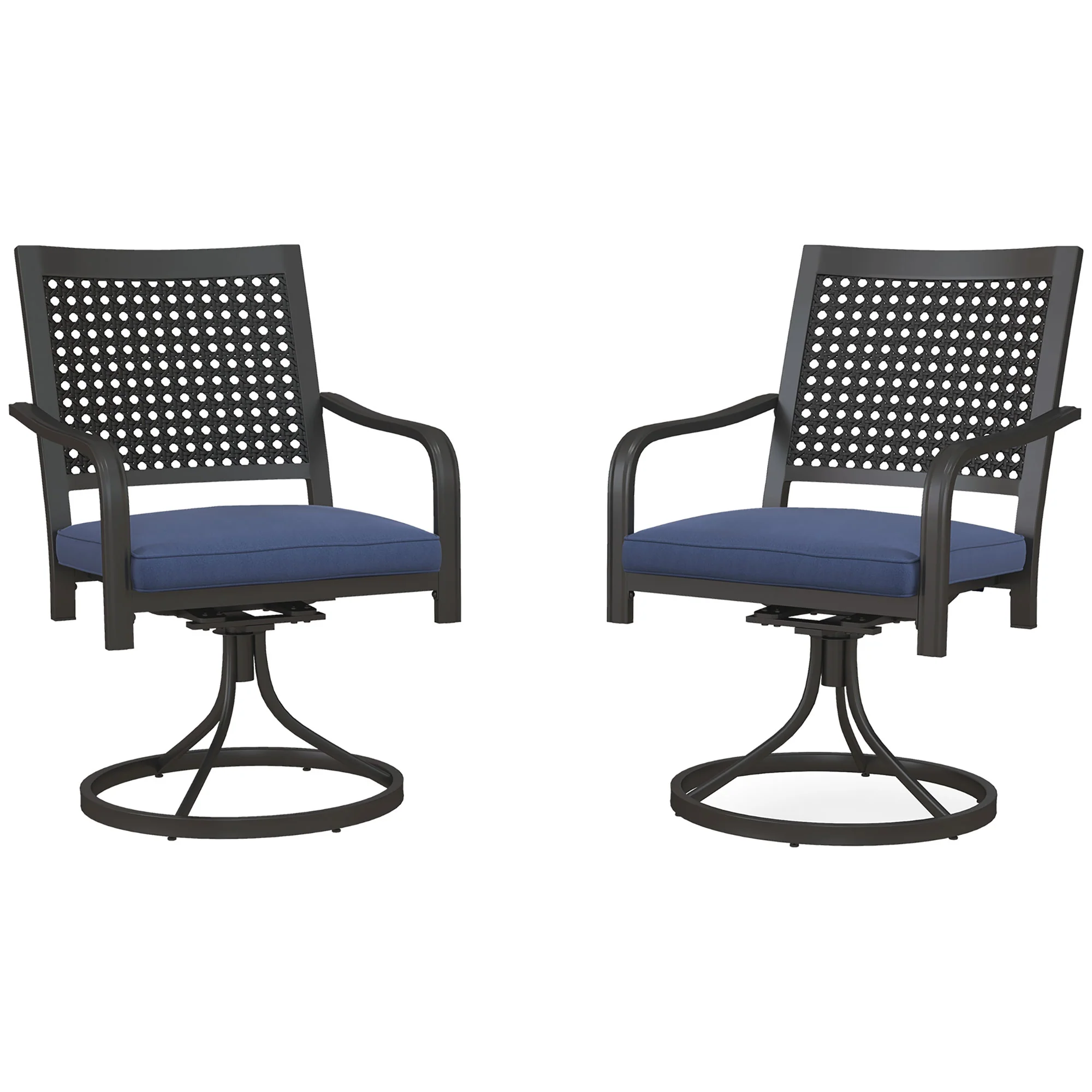 2 Pieces Patio Swivel Chairs with Cushion, Outdoor Rocker with Curved Armrests, Navy Blue - Image 2