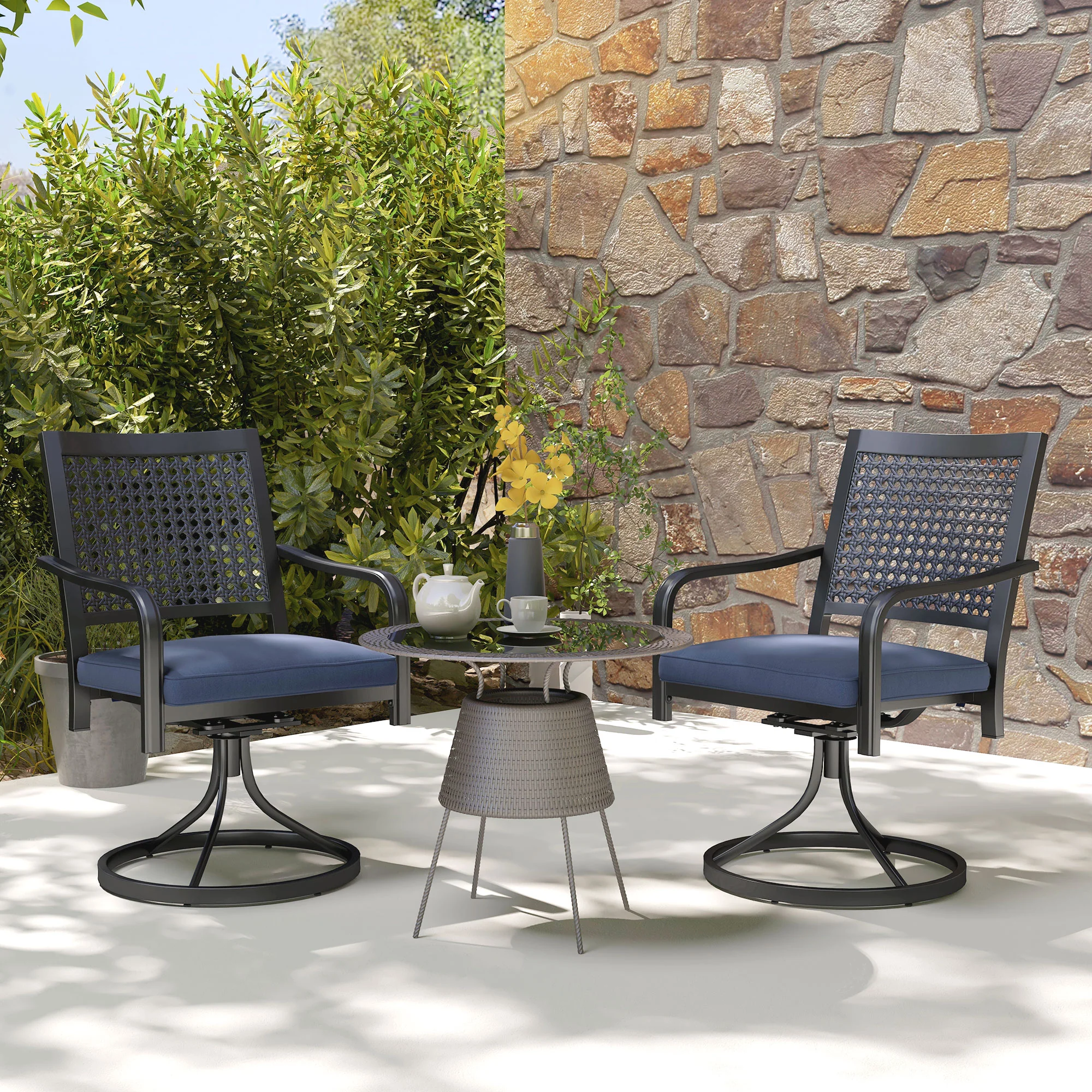2 Pieces Patio Swivel Chairs with Cushion, Outdoor Rocker with Curved Armrests, Navy Blue - Image 3