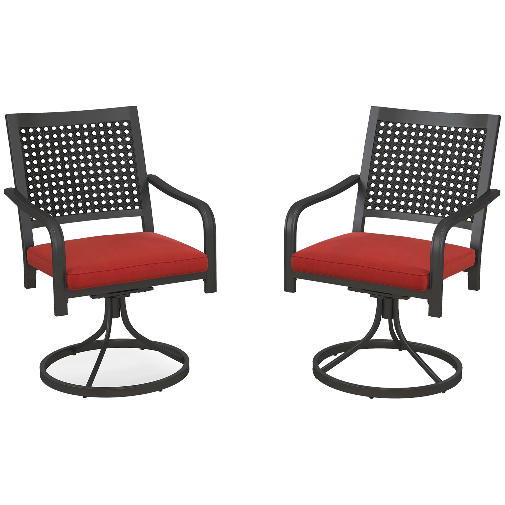 2-Piece Patio Swivel Chairs with Cushion, Outdoor Swivel Rocker with Curved Armrests, Red
