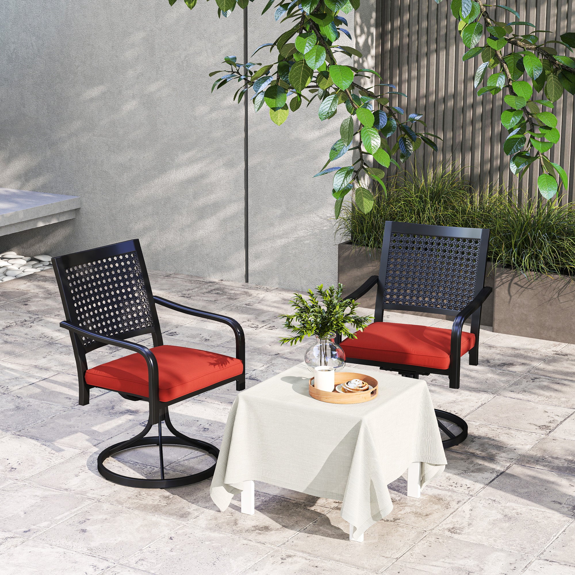 2-Piece Patio Swivel Chairs with Cushion, Outdoor Swivel Rocker with Curved Armrests, Red - Image 11