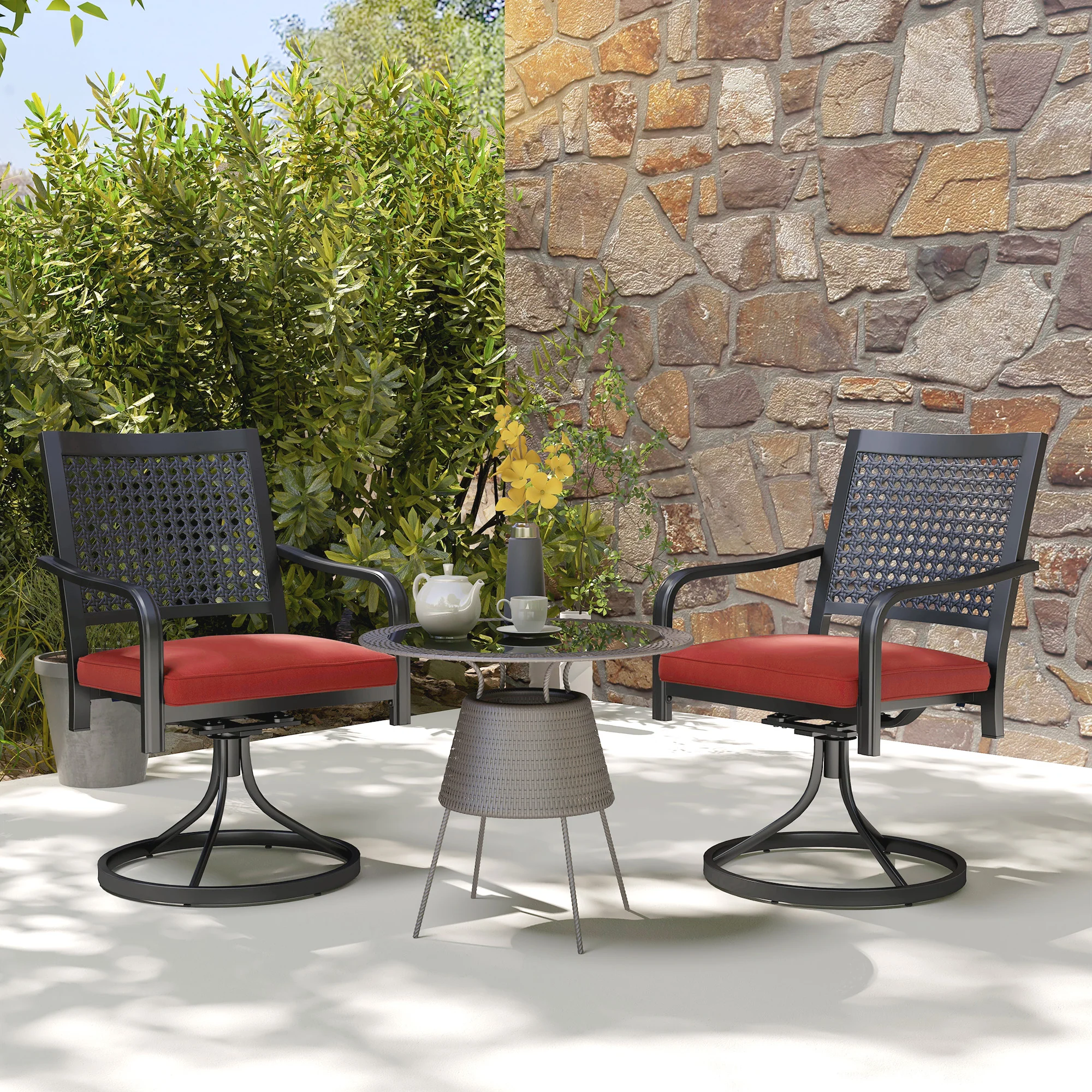 2-Piece Patio Swivel Chairs with Cushion, Outdoor Swivel Rocker with Curved Armrests, Red - Image 3