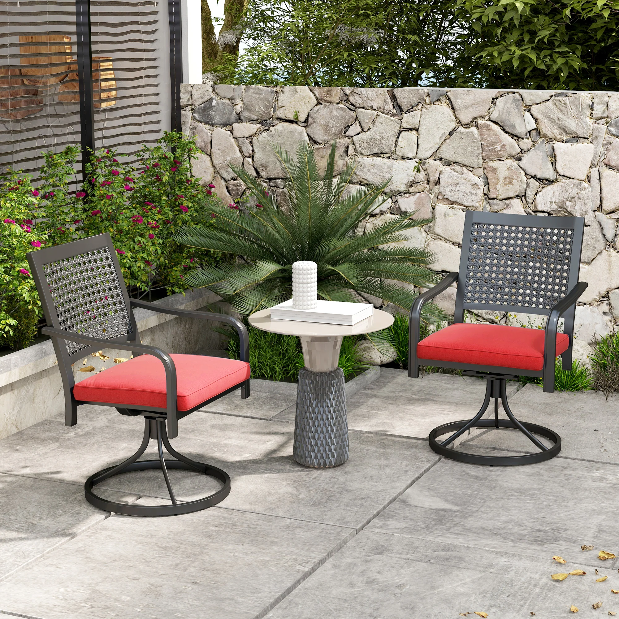2-Piece Patio Swivel Chairs with Cushion, Outdoor Swivel Rocker with Curved Armrests, Red - Image 4