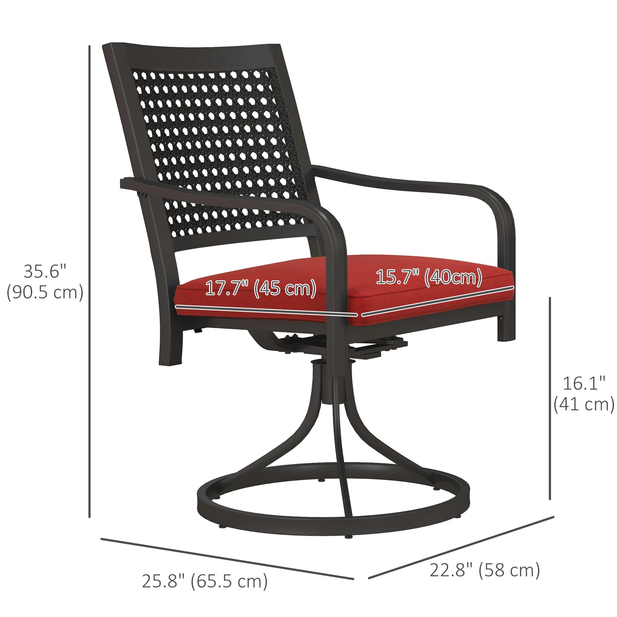 2-Piece Patio Swivel Chairs with Cushion, Outdoor Swivel Rocker with Curved Armrests, Red - Image 5