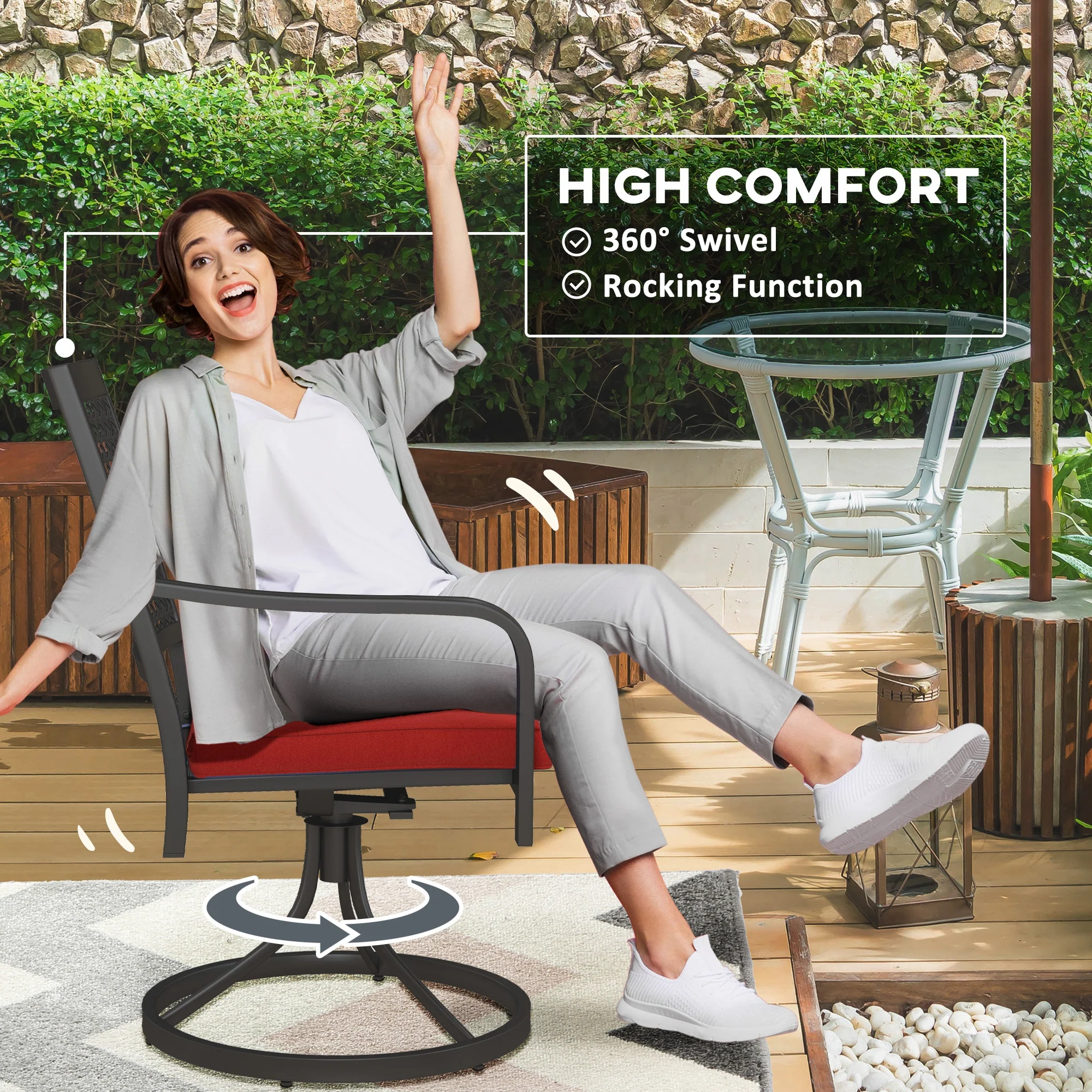 2-Piece Patio Swivel Chairs with Cushion, Outdoor Swivel Rocker with Curved Armrests, Red - Image 6