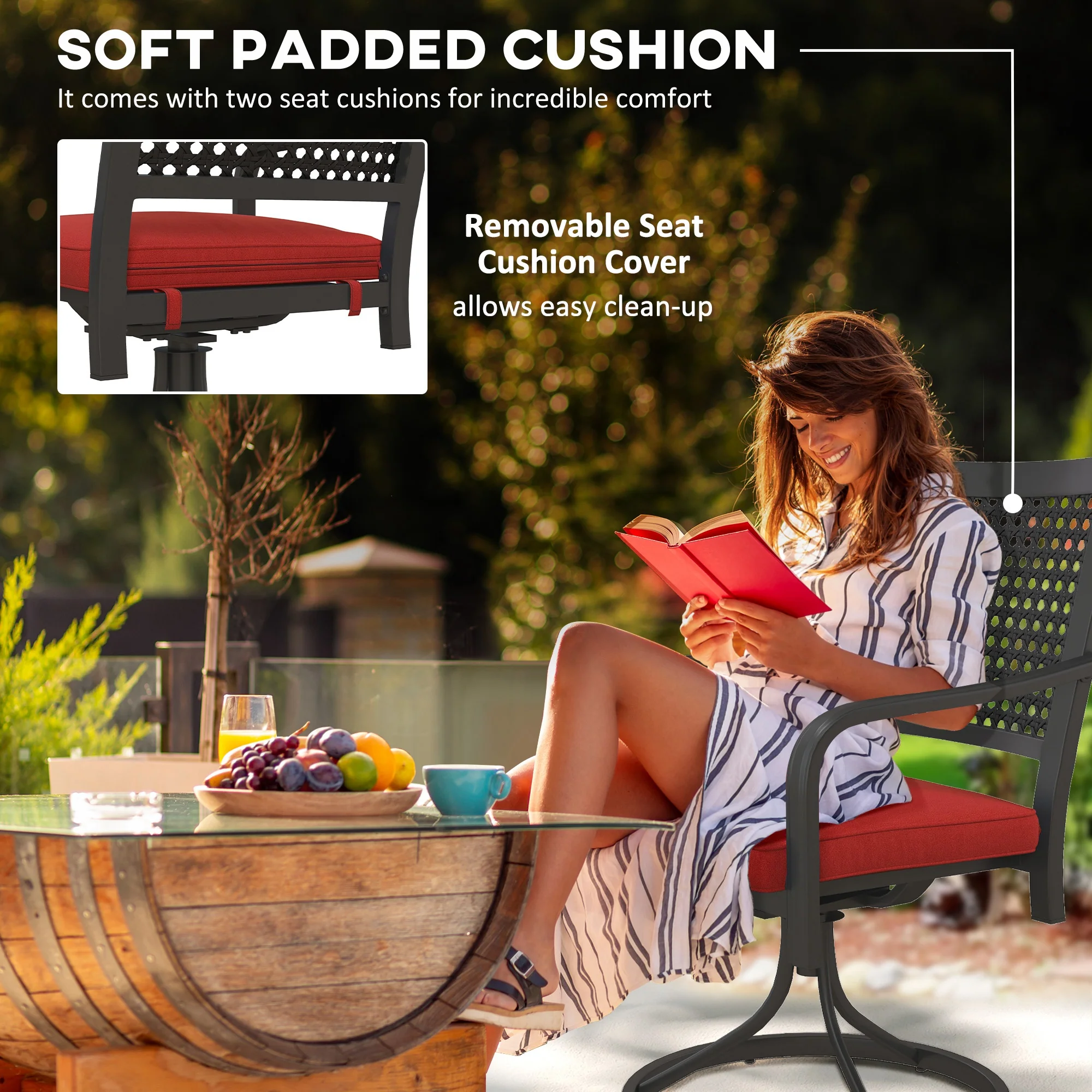 2-Piece Patio Swivel Chairs with Cushion, Outdoor Swivel Rocker with Curved Armrests, Red - Image 7
